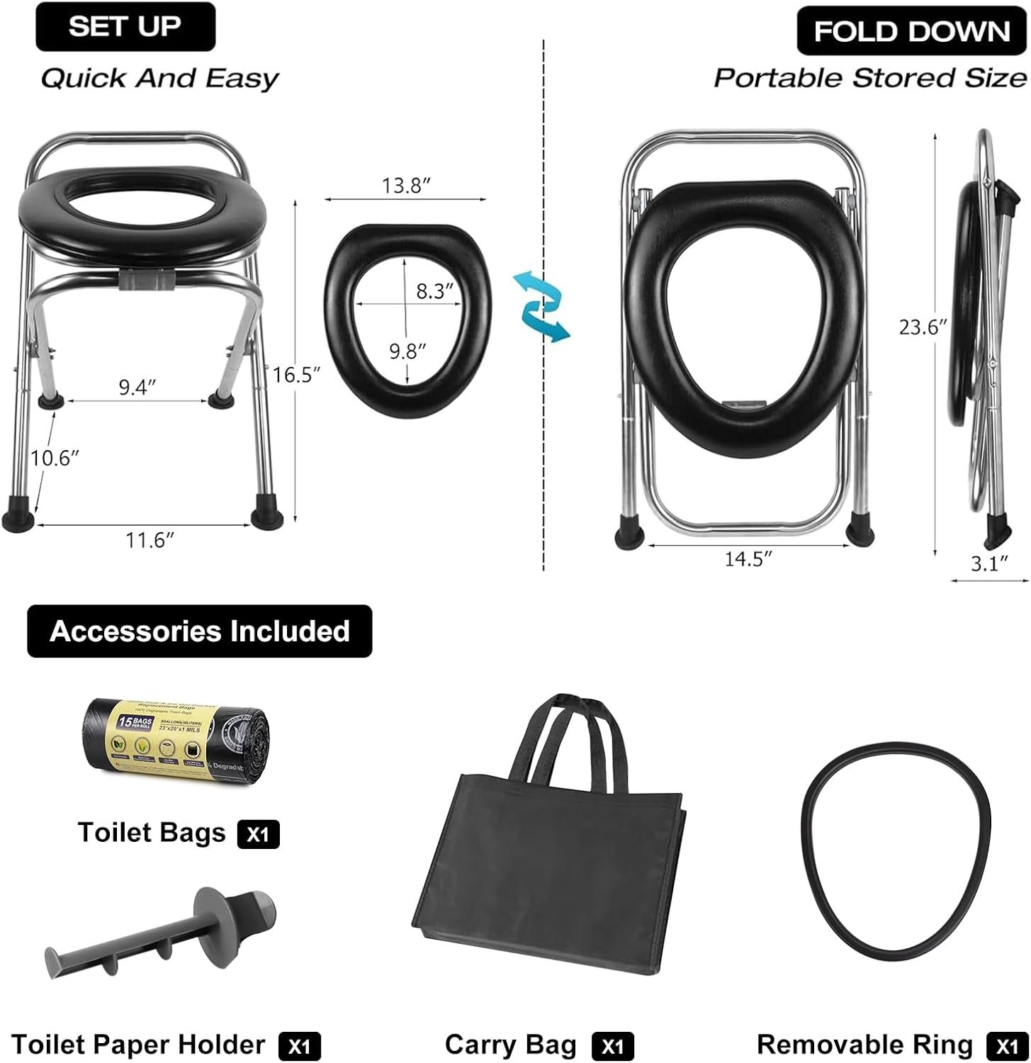 16.5H Portable Toilet for Camping, 350LB Capacity Stainless Steel Folding Toilet with Soft Seat Bags, Collapsible Design for RV, Hiking, Road Trips, Boating, Outdoor 16.5H Portable Toilet for Camping, 350LB Capacity Stainless Steel Folding Toilet with Soft Seat Bags, Collapsible Design for RV, Hiking, Road Trips, Boating, Outdoor