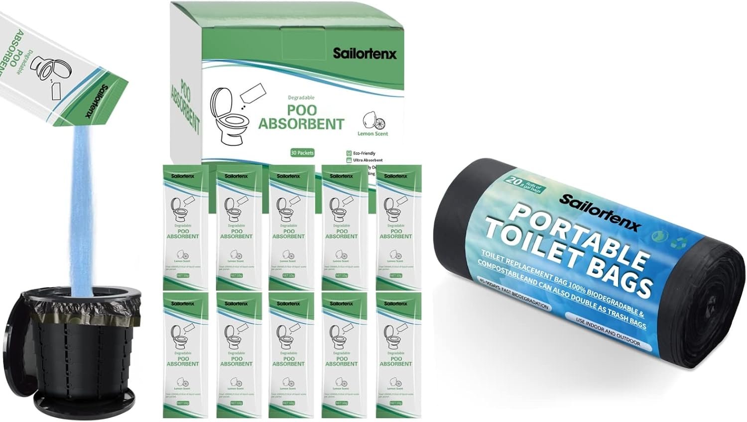 20 Pack Portable Toilet Bags and Pack Poo Absorbent Gel for Camping, Hiking, Boating