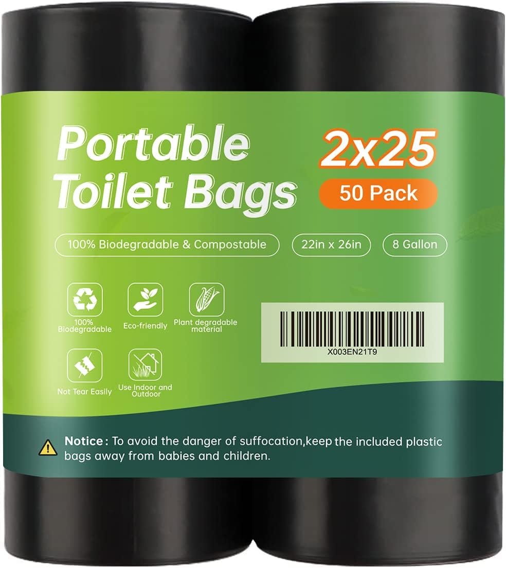 50 portable toilet bags for camping, Gallon 1.3 Mil Thickened Compostable Toilet Replacement Bags for Portable Potty, trash Bags for Outdoor Hiking Boating Car Travel