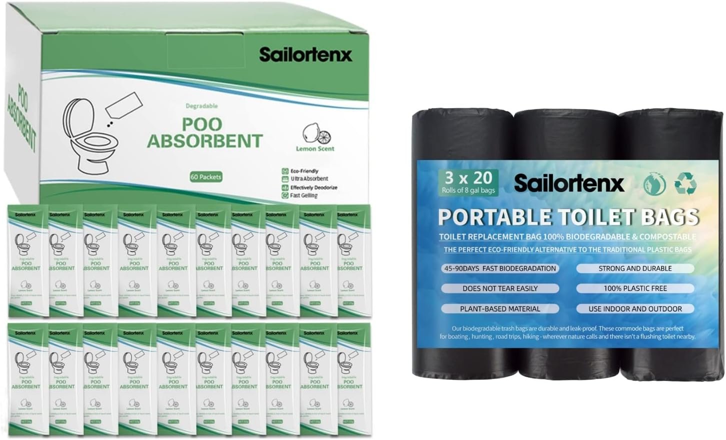 60 Pack Portable Toilet Bags and Pack Poo Absorbent Gel for Camping, Hiking, Boating