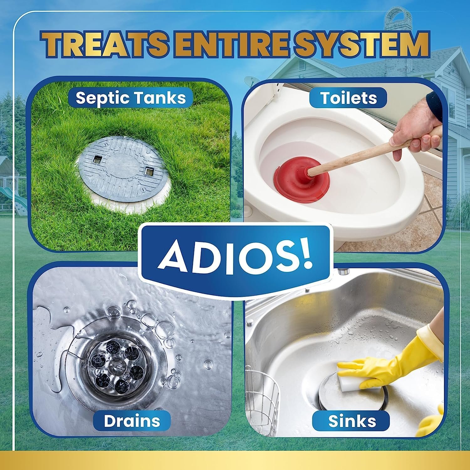 Adios! Enzyme Septic Tank Treatment, Natural Drain Safe Cleaner for Septics, Pipes and Drain Fields - Quart (32 oz)