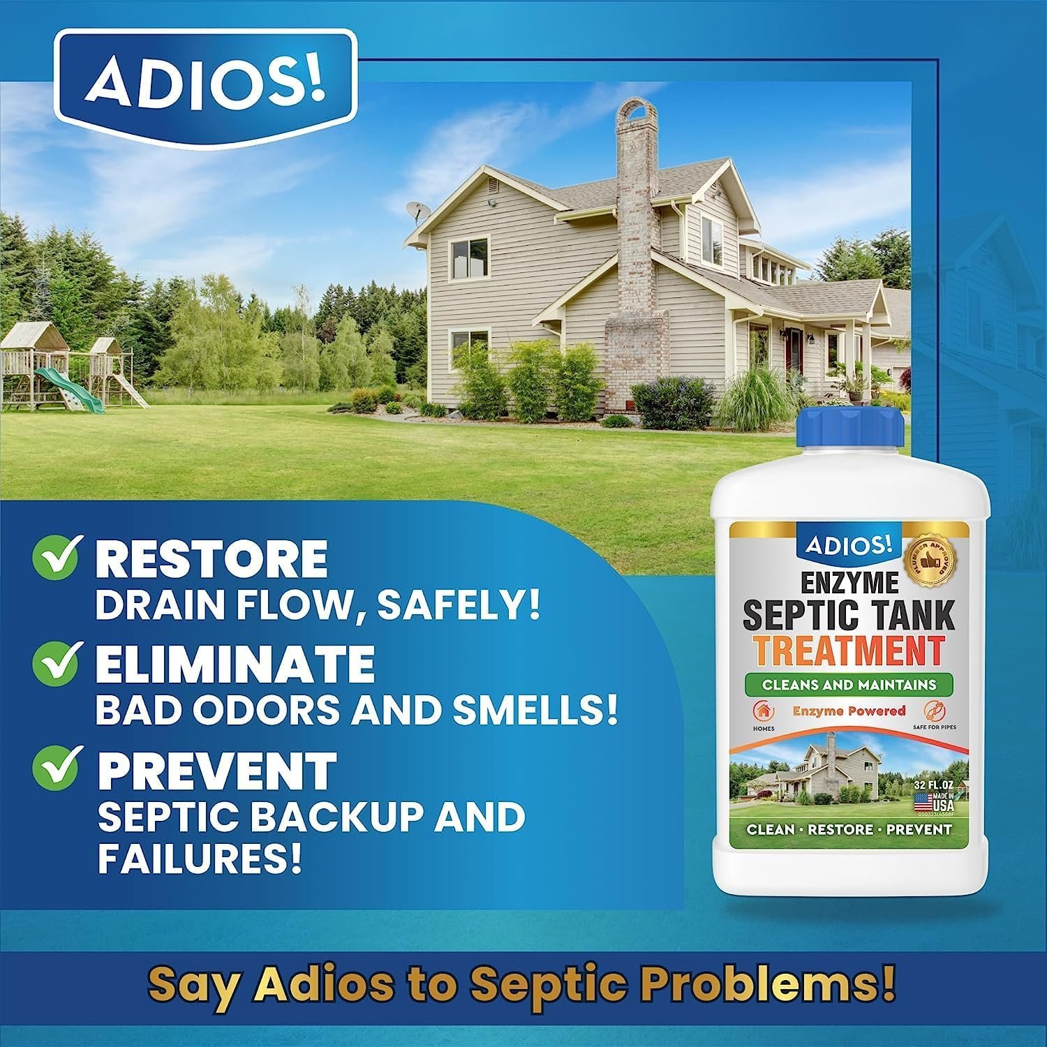 Adios! Enzyme Septic Tank Treatment, Natural Drain Safe Cleaner for Septics, Pipes and Drain Fields - Quart (32 oz)