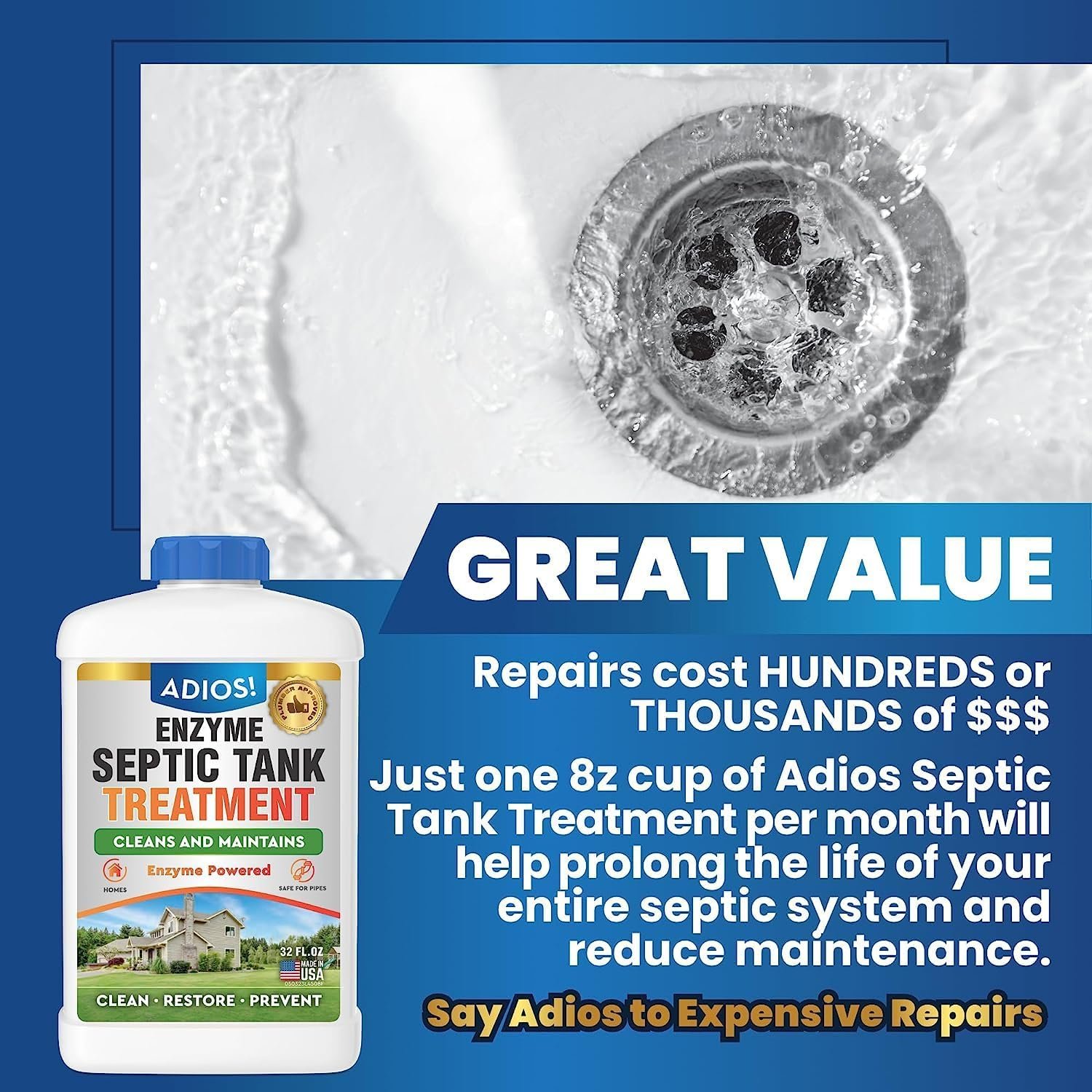 Adios! Enzyme Septic Tank Treatment, Natural Drain Safe Cleaner for Septics, Pipes and Drain Fields - Quart (32 oz)
