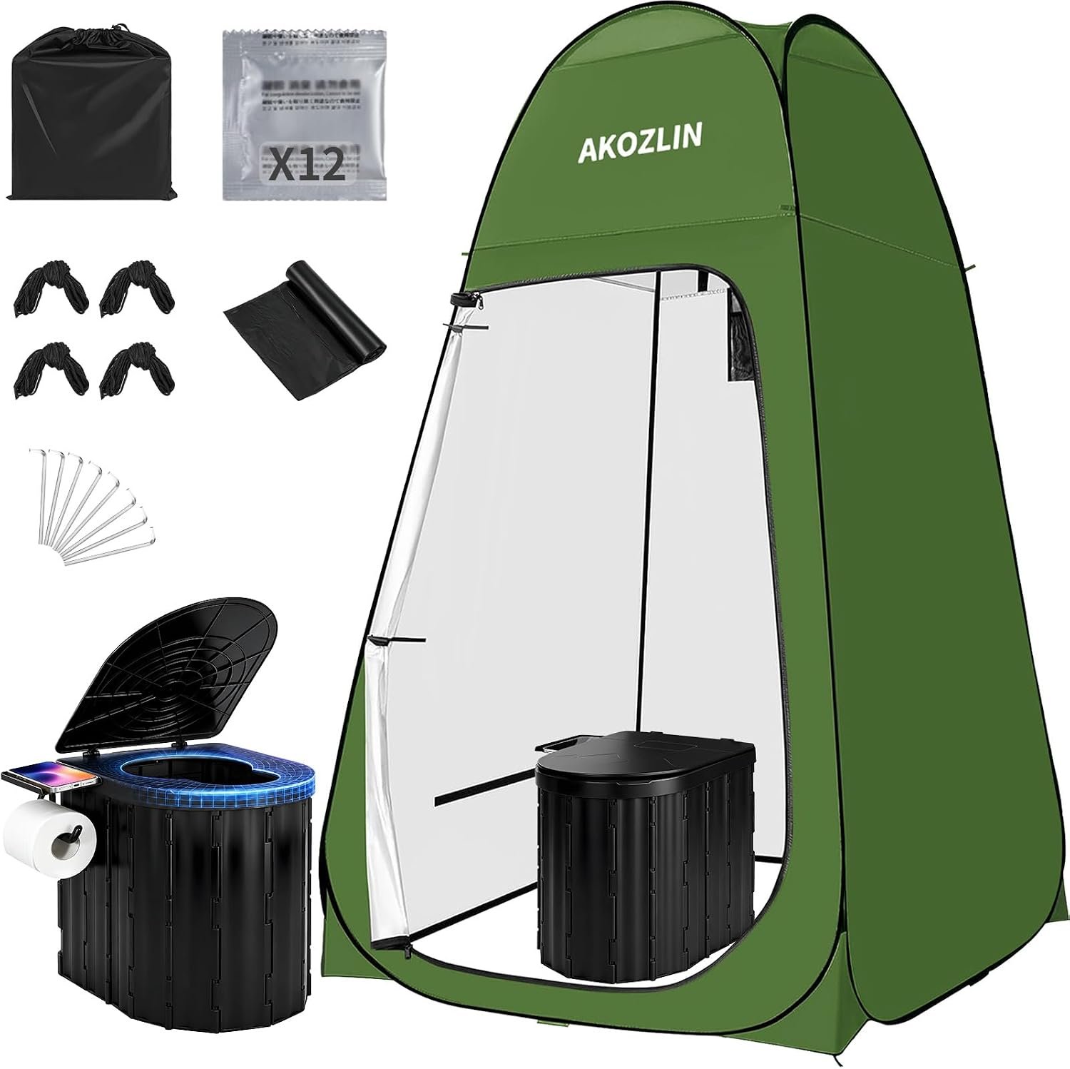 AKOZLIN Portable Camping Toilet with Pop-Up Privacy Tent and Liquid Waste Gel, Outdoor Camp Toilet for Adult with Shower Tents Changing Room Bathroom  Carry Bag for Camping, Hiking, Road Trip, Beach