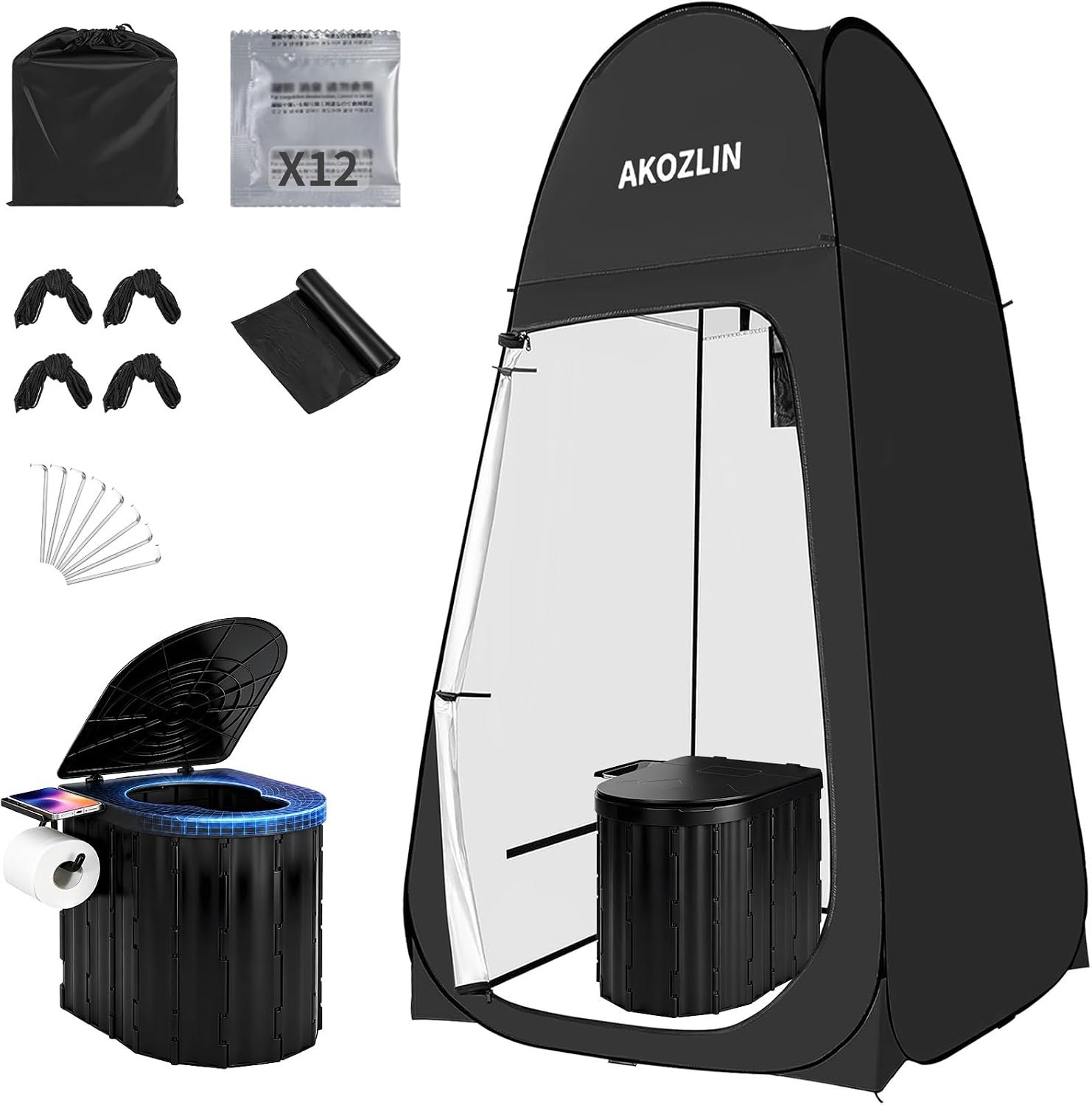 AKOZLIN Portable Camping Toilet with Pop-Up Privacy Tent and Liquid Waste Gel, Outdoor Camp Toilet for Adult with Shower Tents Changing Room Bathroom  Carry Bag for Camping, Hiking, Road Trip, Beach