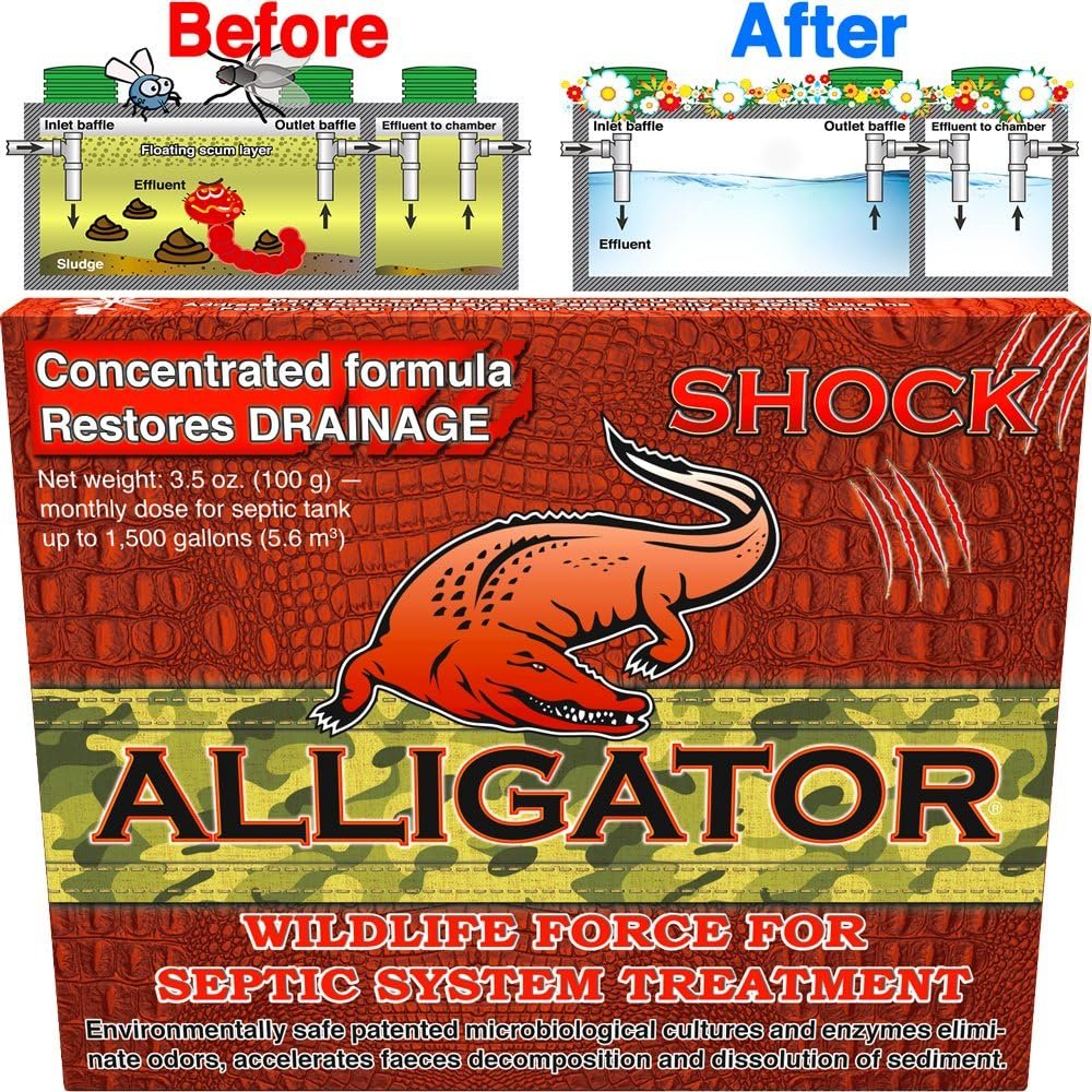 Alligator Shock Septic Treatment Cleaner, Safe Enzyme and Bacteria for Toilet Closet with bio Active Organic Powder for Odor and Sludge drainfield Control