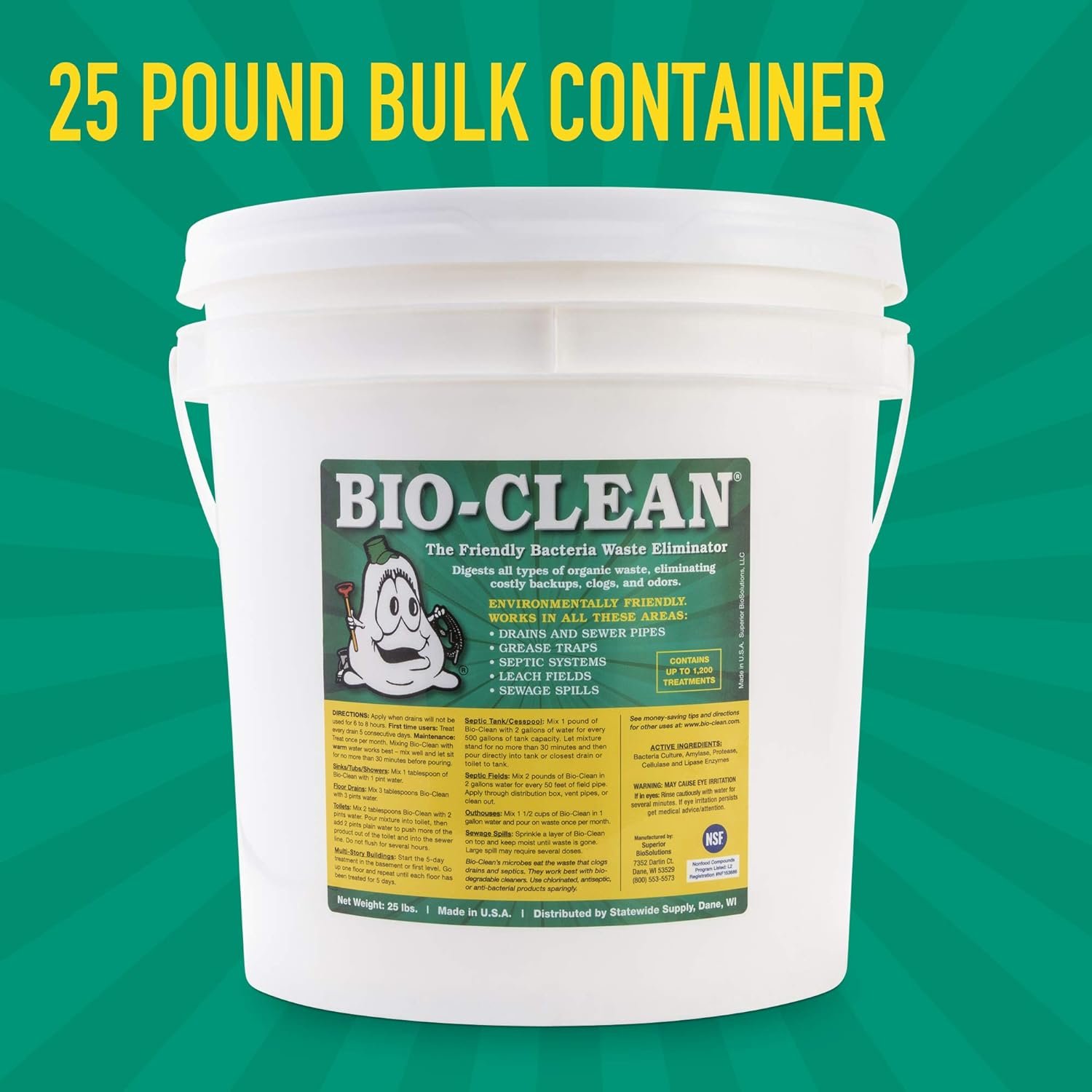 Bio-Clean Drain Septic Bacteria (25lb Bulk) Cleans Drains- Septic Tanks - Grease Traps All Natural and 100% Guaranteed No Caustic Chemicals! Removes fats oil and grease, completely cleans your system.