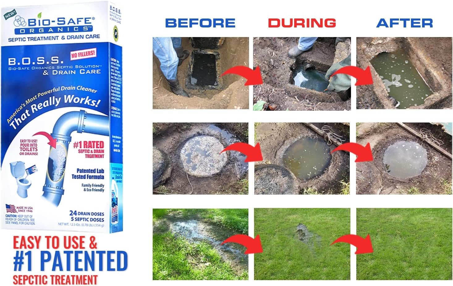 B.O.S.S.- Bio-Safe Organics Septic Solution  Drain Care 12.5 oz Powder - Patented Bacteria Enzyme Exxon Valdez Septic Tank Maintenance  Drain Care Formula - Treat All Septic Tank Systems  Drains…