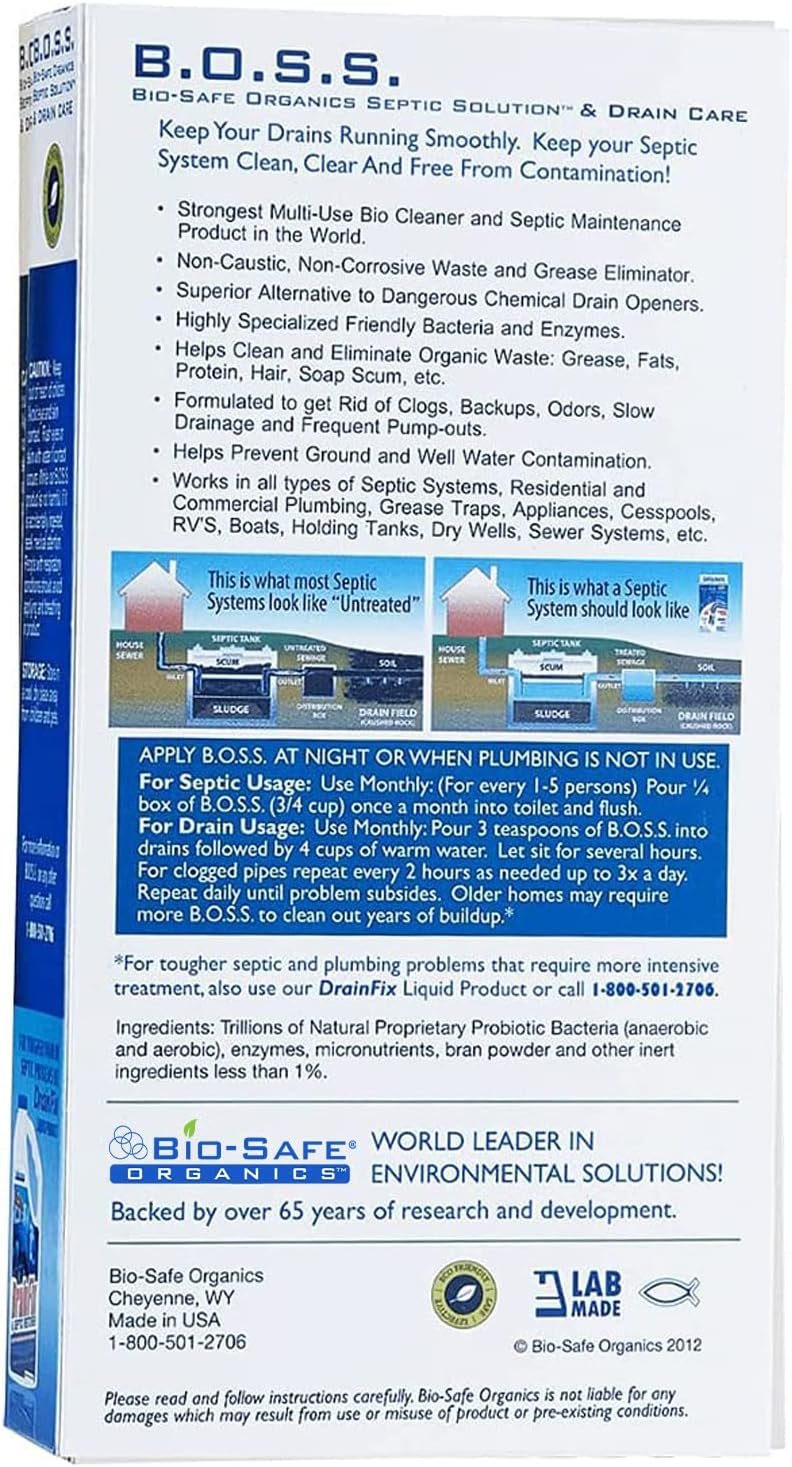 B.O.S.S.- Bio-Safe Organics Septic Solution  Drain Care 12.5 oz Powder - Patented Bacteria Enzyme Exxon Valdez Septic Tank Maintenance  Drain Care Formula - Treat All Septic Tank Systems  Drains…