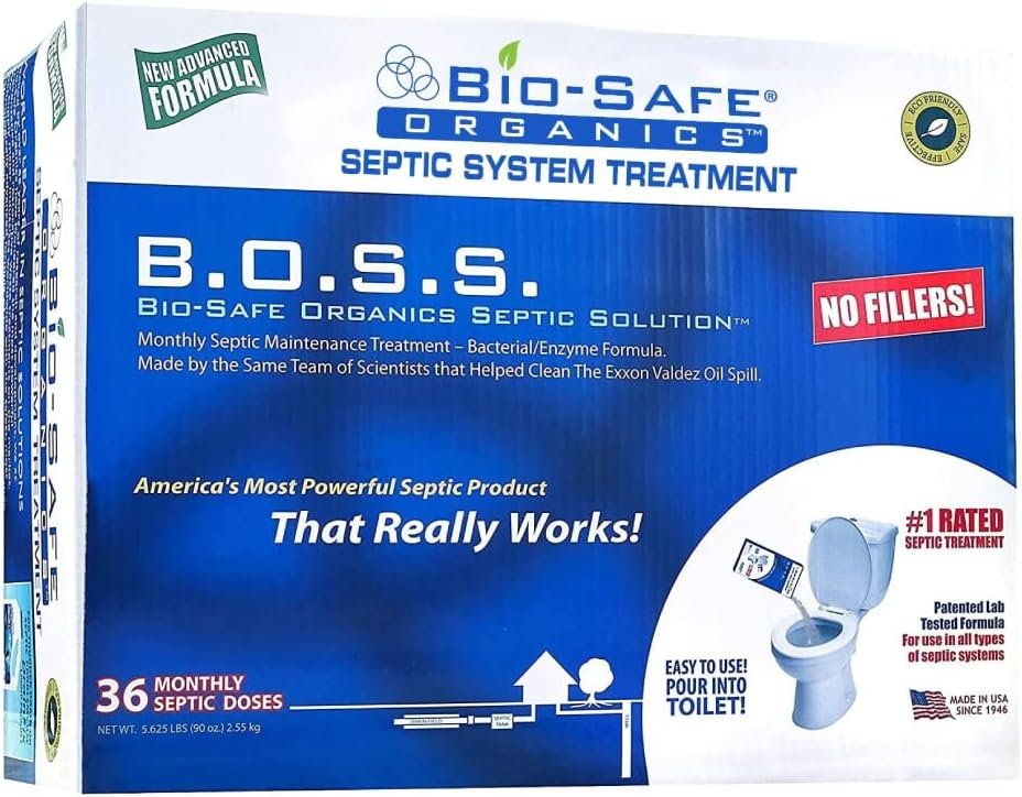 B.O.S.S. Bio-Safe Organics Septic Tank Treatment 36 Month Supply 2.5 oz Bags - Patented Bact Enzyme Exxon Valdez Septic System Monthly Maintenance Formula - Treats All Septic Systems 100% Guaranteed