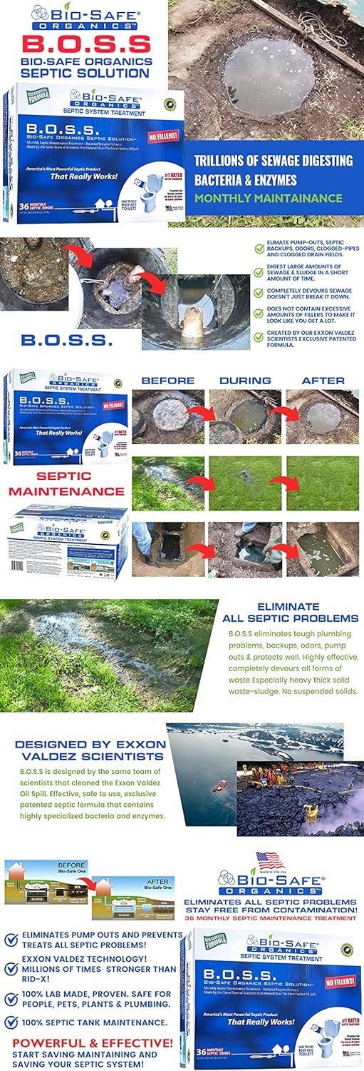 B.O.S.S. Bio-Safe Organics Septic Tank Treatment 36 Month Supply 2.5 oz Bags - Patented Bact Enzyme Exxon Valdez Septic System Monthly Maintenance Formula - Treats All Septic Systems 100% Guaranteed