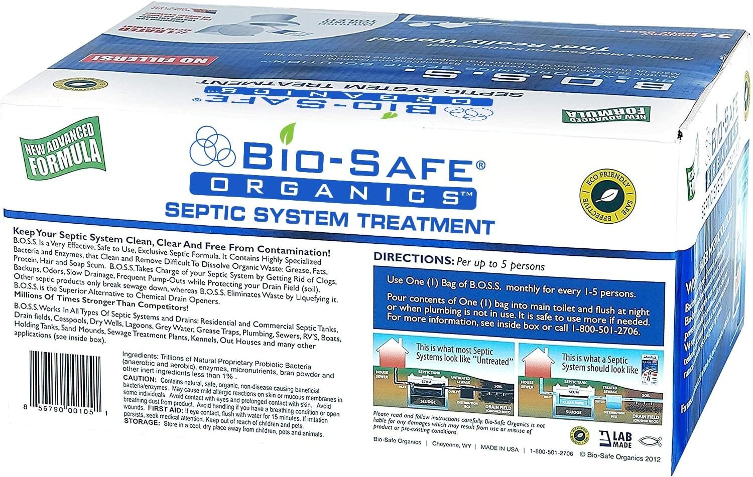 B.O.S.S. Bio-Safe Organics Septic Tank Treatment 36 Month Supply 2.5 oz Bags - Patented Bact Enzyme Exxon Valdez Septic System Monthly Maintenance Formula - Treats All Septic Systems 100% Guaranteed
