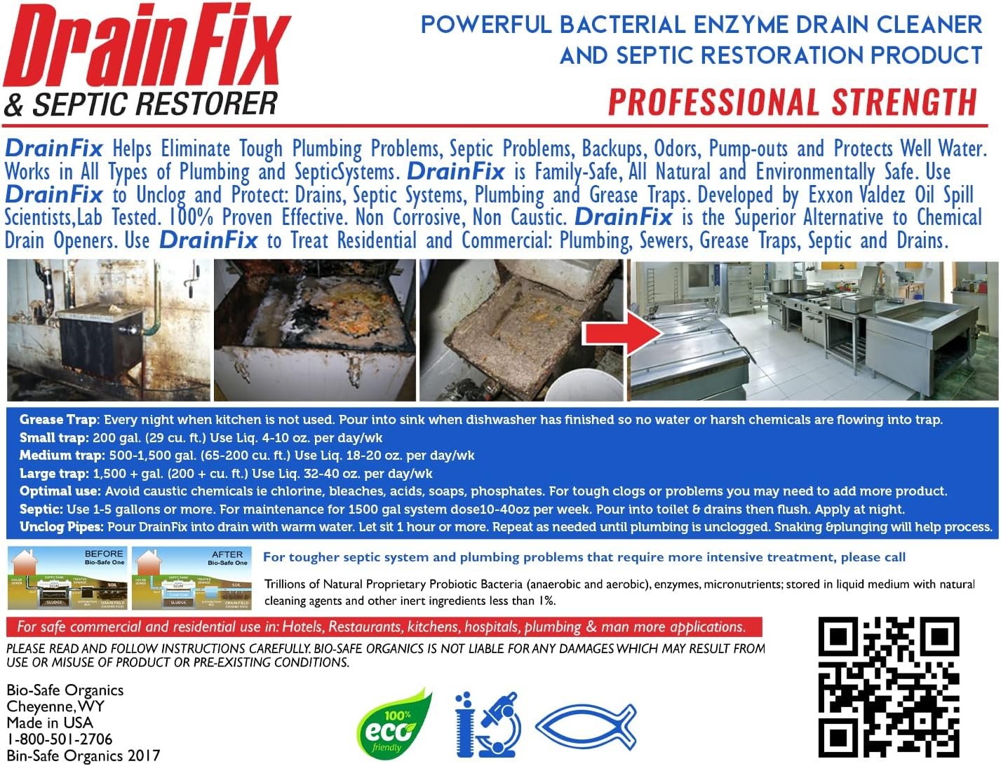 DrainFix  Septic Restorer - 5 Gal Professional Strength Formula - Patented Septic Tank Treatment Grease Trap Cleaner Fast Acting, Commercial Residential Hotel  Restaurant - Exxon Valdez Tech