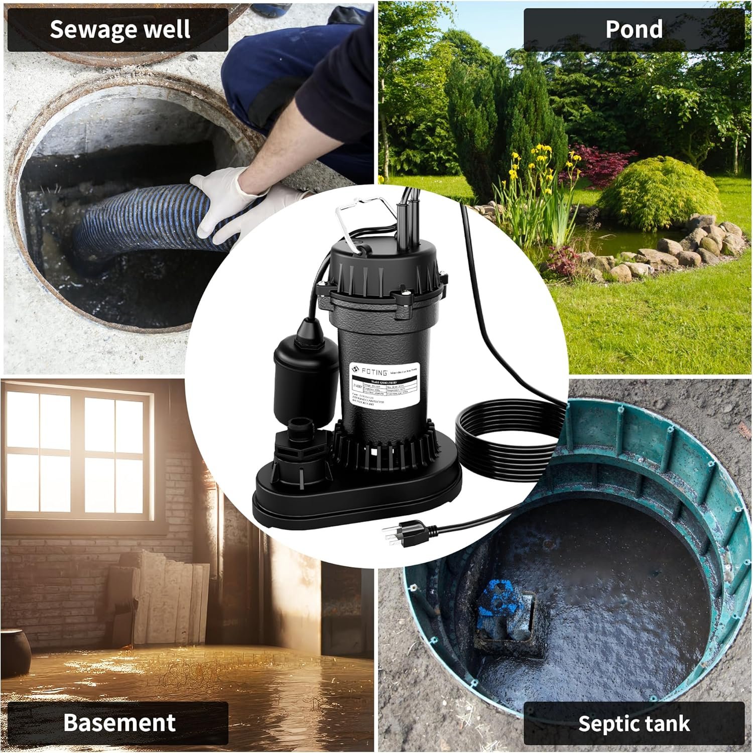 FOTING 1HP Submersible Sewage/Effluent Pump, 6000 GPH Cast Iron and Steel Septic Pump, 115V Automatic Tethered Float Switch, Sump Pumps for Basement, Septic Tank, Basin, Sewage System