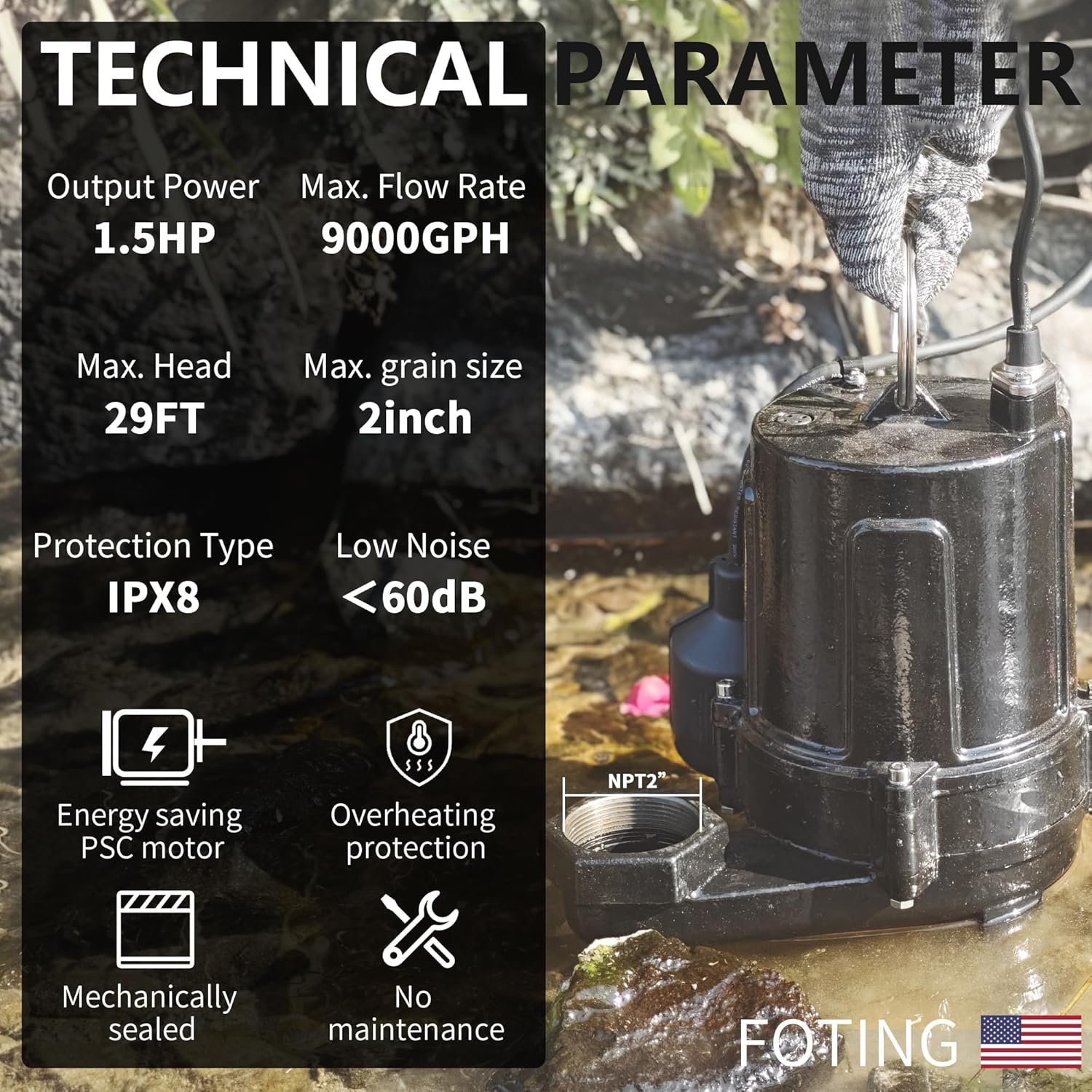 FOTING 1HP Submersible Sewage/Effluent Pump, 6000 GPH Cast Iron and Steel Septic Pump, 115V Automatic Tethered Float Switch, Sump Pumps for Basement, Septic Tank, Basin, Sewage System