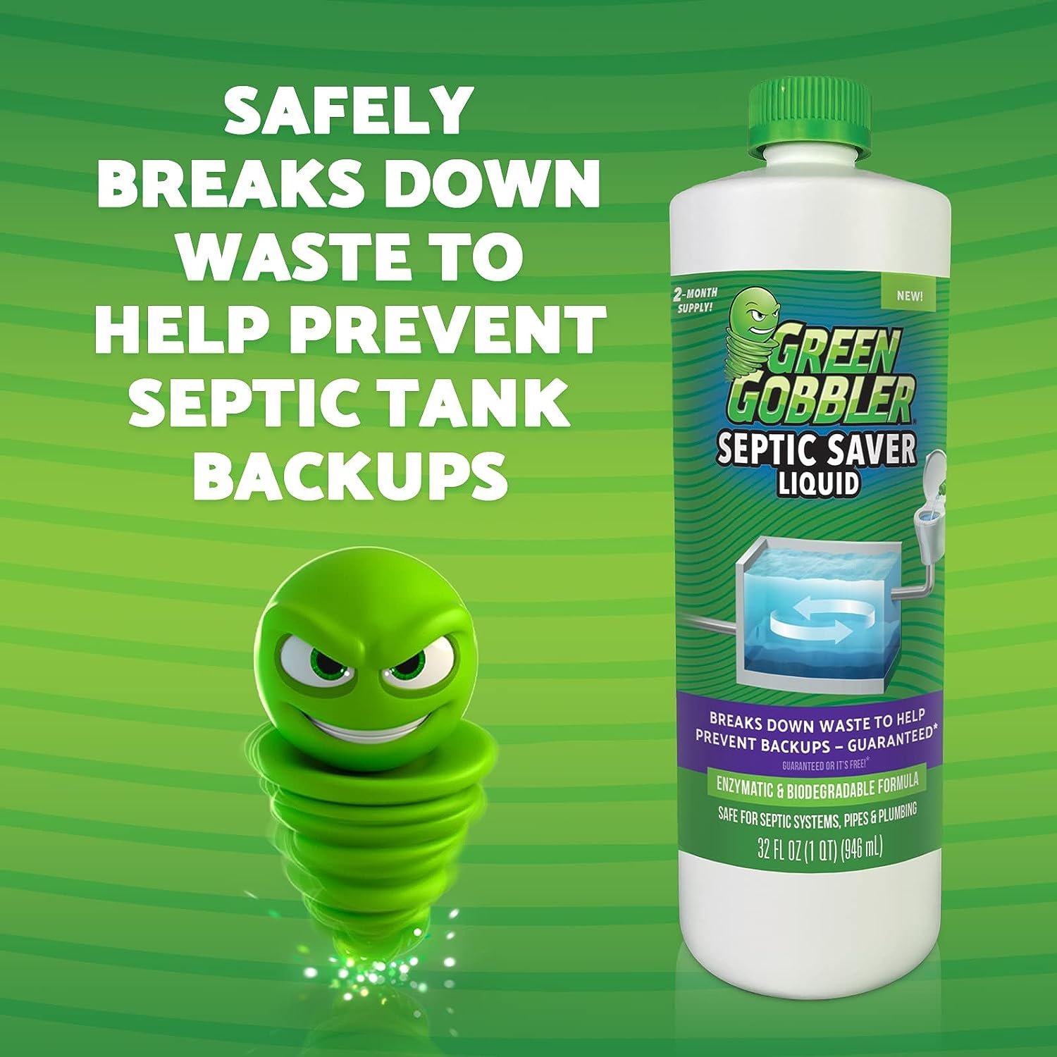 Green Gobbler Septic Saver Liquid Septic Tank Treatment with Natural Enzymes | Safe for Septic Systems, Pipes + Plumbing | Money-Back Guarantee, 2 Pack