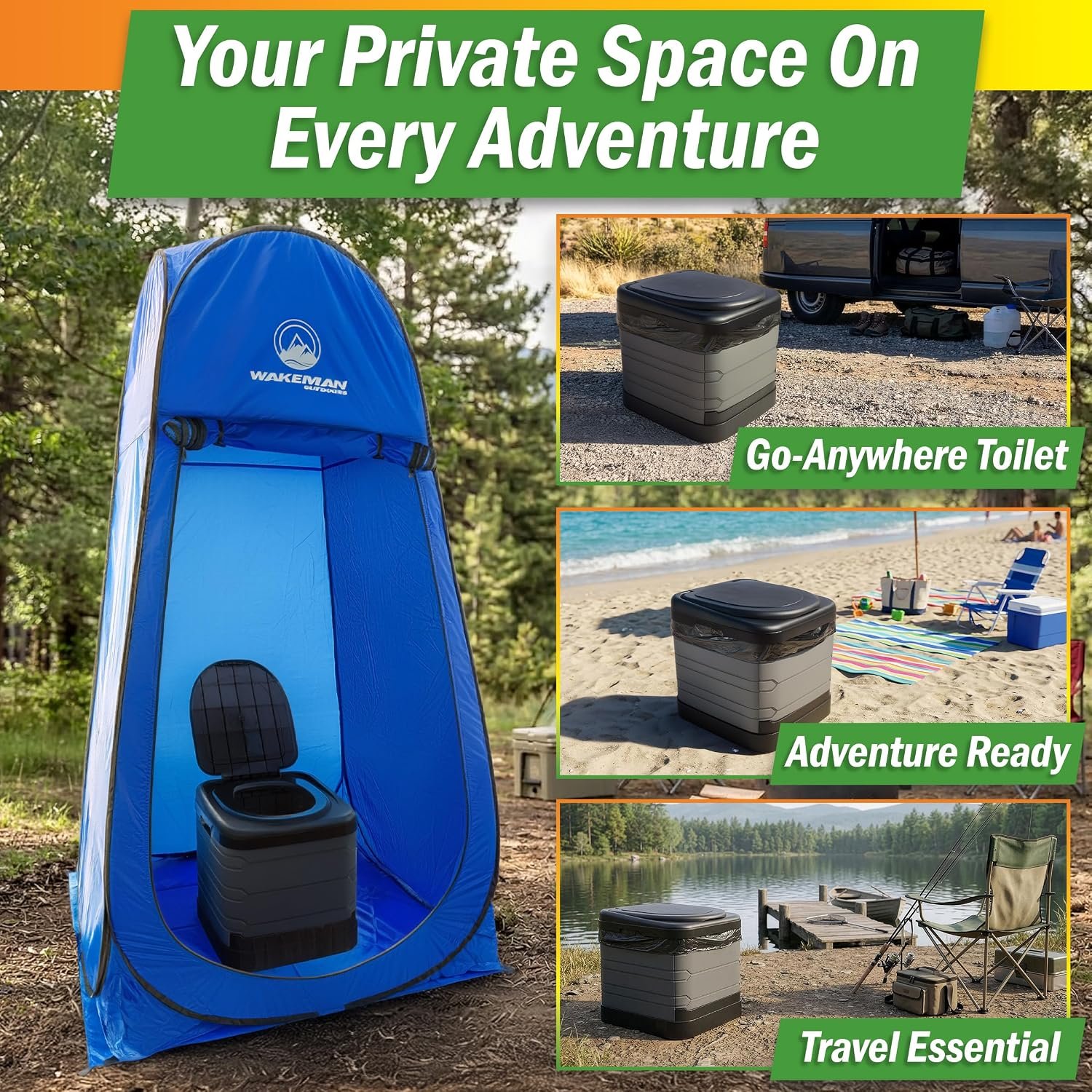 Large Portable Toilet for Adults - 400lb Capacity Portable Camping Toilet for Adults with Lid - Folding Travel Potty for Car Roadtrip, Beach, Camp or Emergency - Camping Essentials by Wakeman Outdoors