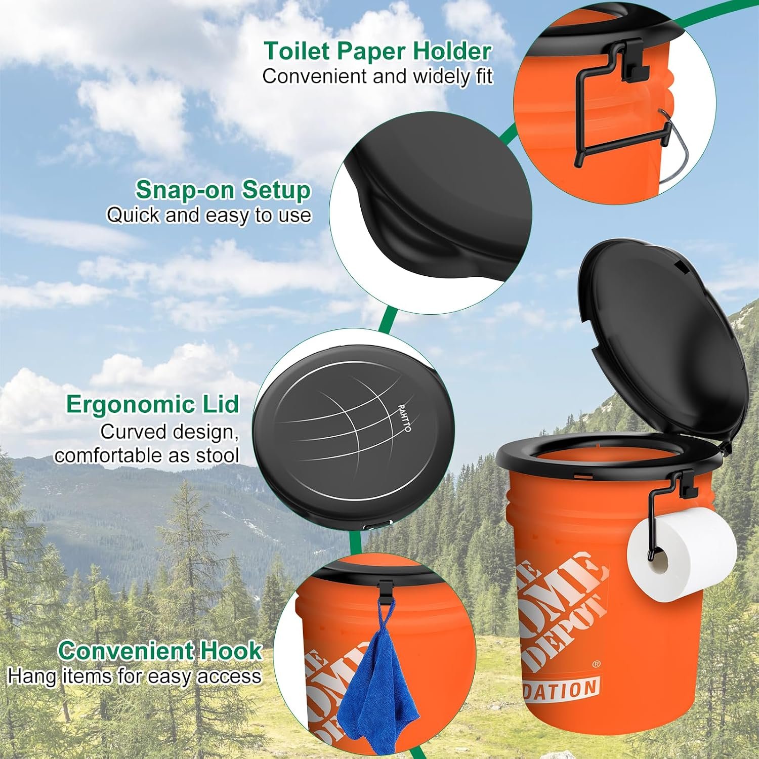 PAHTTO Portable Toilet Seat for Gal Buckets, Camping Toilet Seat with Lid for Adults, Snap-on Toilet Seat with Storage Bags and Disposable Toilet Bags, Camping, Hiking, Emergency, Car, Boat