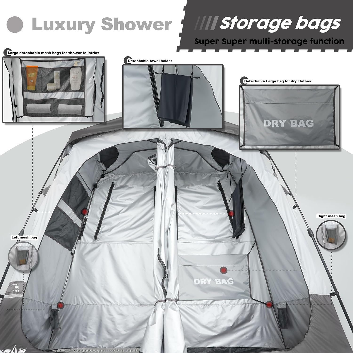 Porayhut Portable Camping Shower Tent Deluxe Changing Room Easy Set Up Privacy Shelter,Large Toilet Tent Rooms with Floor Drain Design for Beach, Camping,Hiking with Stakes and Ropes for Stability Porayhut Portable Camping Shower Tent Deluxe Changing Room Easy Set Up Privacy Shelter,Large Toilet Tent Rooms with Floor Drain Design for Beach, Camping,Hiking with Stakes and Ropes for Stability