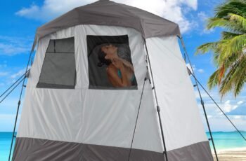 Porayhut Portable Camping Shower Tent Deluxe Changing Room Easy Set Up Privacy Shelter,Large Toilet Tent 2 Rooms with Floor Drain Design for Beach, Camping,Hiking with Stakes and Ropes for Stability