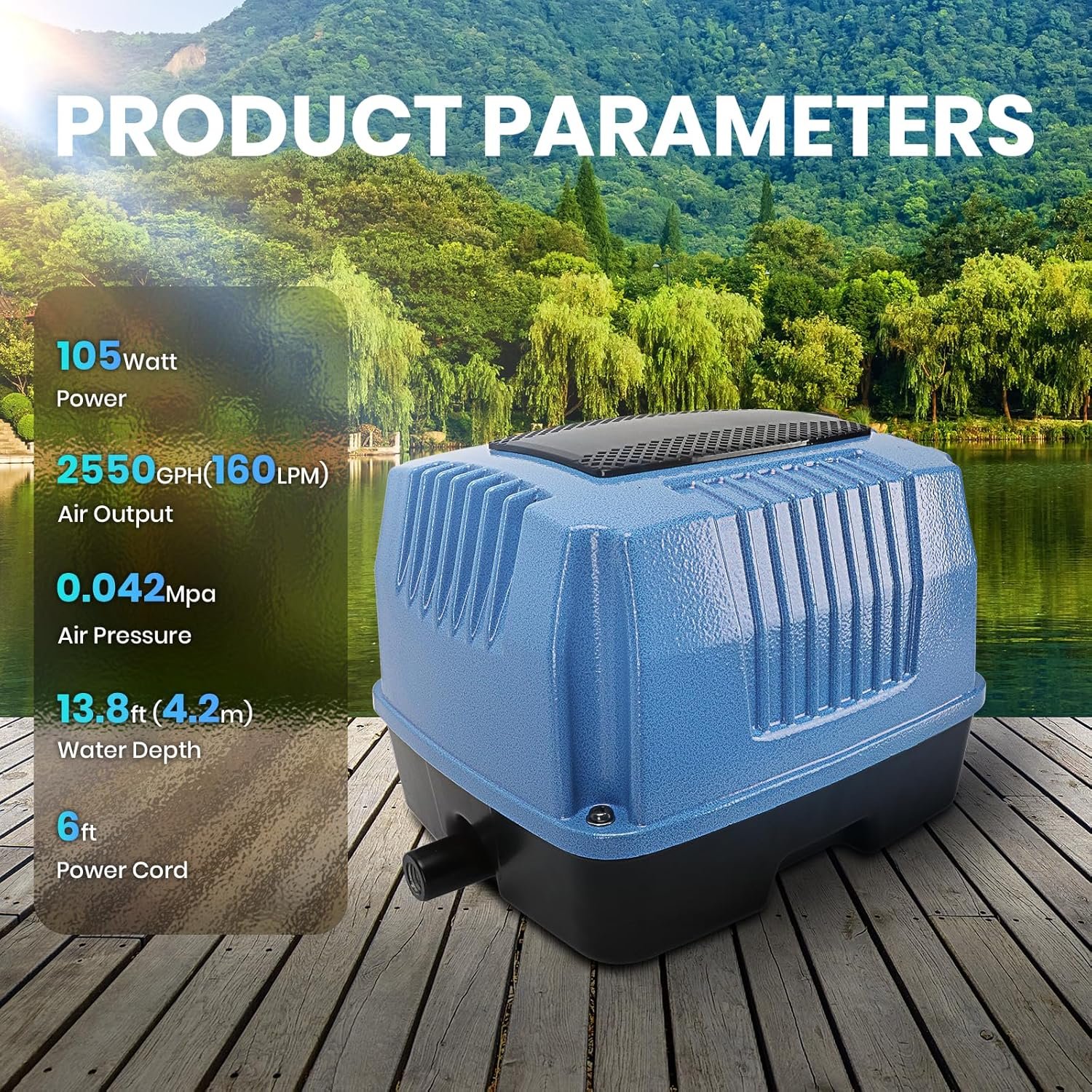 Powerful Pump-2550GPH(160LPM),Powerful Linear Air Pump,AP-105W Pond Aerator,Septic Air Pump 635/950/1350GPH, for Koi Pond Aeration, Aquarium, Waste Treatment, Fish Farm,Seafood Restaurant