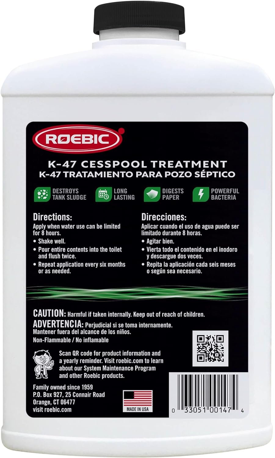 Roebic K-47-Q Cesspool Treatment Prevents Clogging and Buildup, Exclusive Bacteria Digests Paper and Destroys Sludge, 32 Ounces, No Size, White/Green