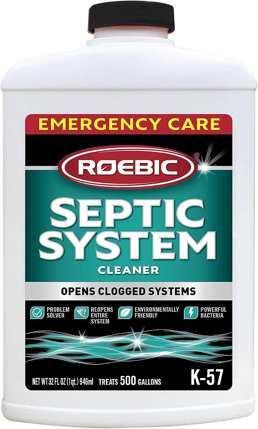 Roebic K-57-Q Septic System Cleaner, 32 Ounces  K-37-Q Septic Tank Treatment Removes Clogs, Environmentally Friendly Bacteria Enzymes Safe for Toilets, Works for 1 Year, 32 Fl Oz