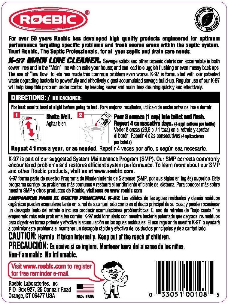 Roebic K-97-Q Laboratories, Ounce K-97 Main Line Cleaner, Exclusive Bacteria Digests Paper, Fats, and Grease in Sewer and Septic Systems, 32 Ounces, 32 Fl Oz (Pack of 1)