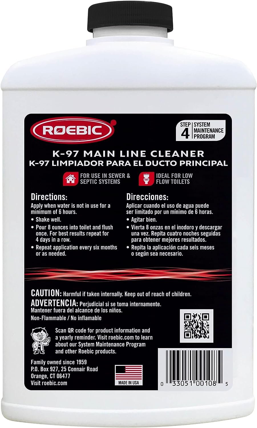 Roebic K-97-Q Laboratories, Ounce K-97 Main Line Cleaner, Exclusive Bacteria Digests Paper, Fats, and Grease in Sewer and Septic Systems, 32 Ounces, 32 Fl Oz (Pack of 1)