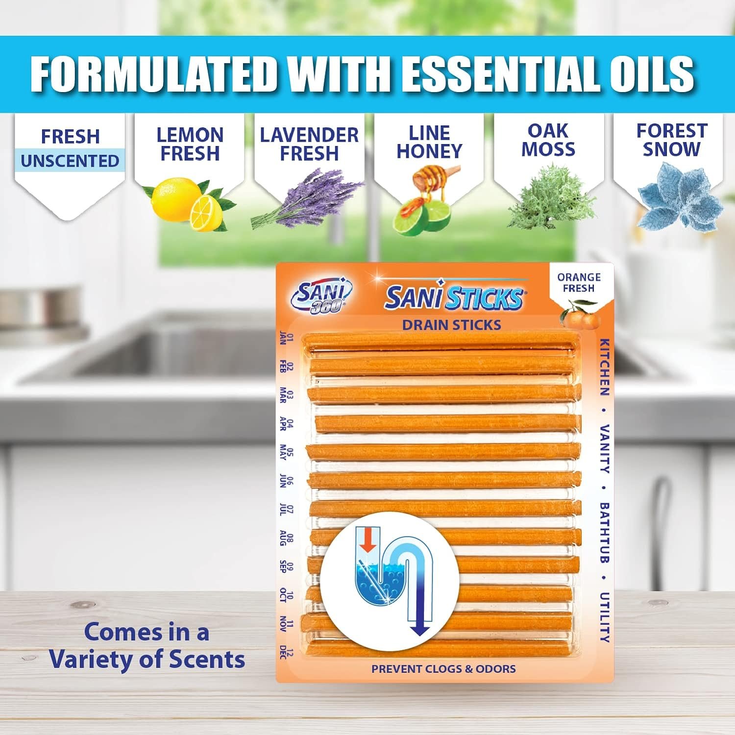 SANI 360° Sani Sticks Drain Cleaner and Deodorizer, Enzyme Pipe Cleaners, Eliminate Odors, Prevent Clogged Drains, Safe for Sinks, Bathtub Drains, Septic Tanks, 48 Count, Orange Scent