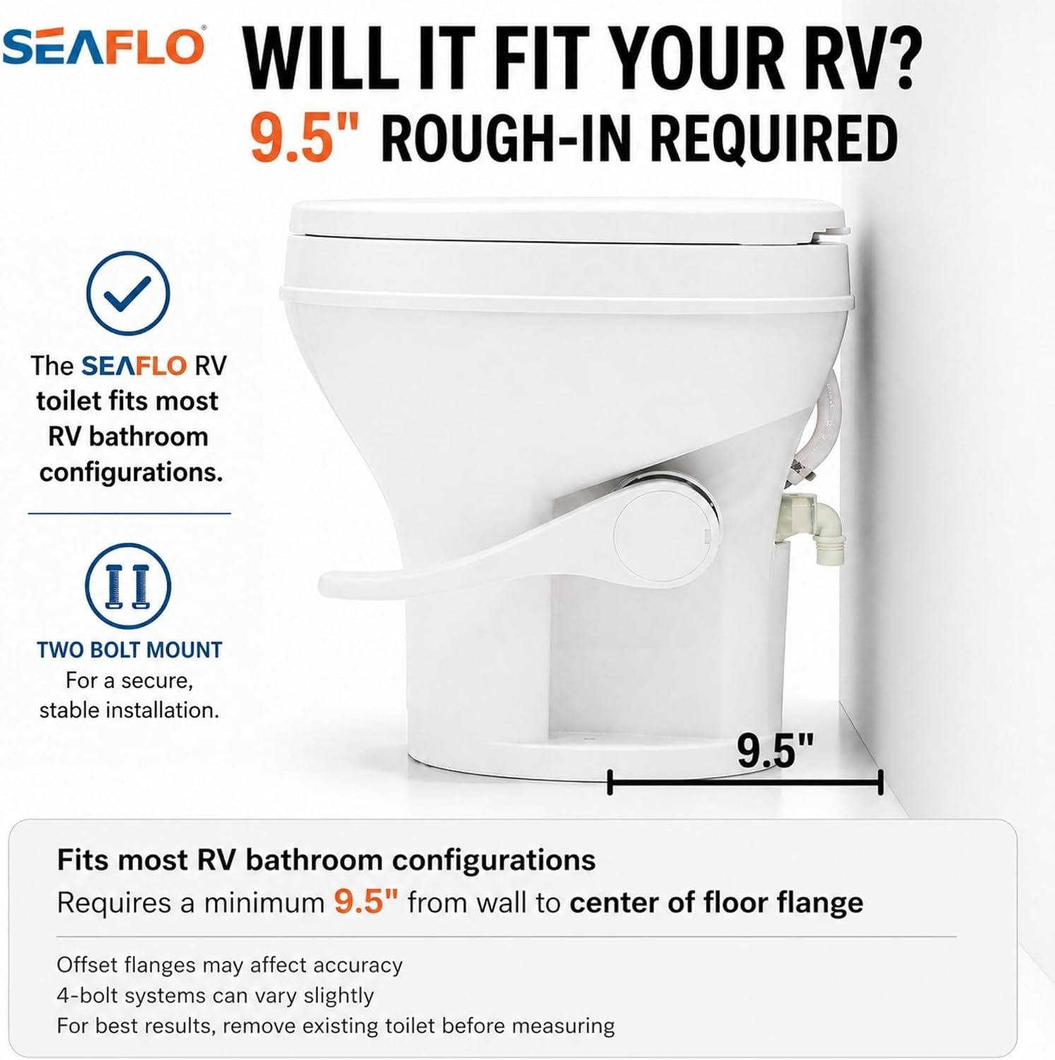 SEAFLO RV Toilet – 18.4 Residential Height, Gravity Flush Foot Pedal, 4-Year Warranty, Fits Most RVs (9.5 Rough-In), Soft Close Seat, 2-Bolt Mount, for Camper Travel Trailer Motorhome SFRTPH-01-01 SEAFLO RV Toilet – 18.4 Residential Height, Gravity Flush Foot Pedal, 4-Year Warranty, Fits Most RVs (9.5 Rough-In), Soft Close Seat, 2-Bolt Mount, for Camper Travel Trailer Motorhome SFRTPH-01-01