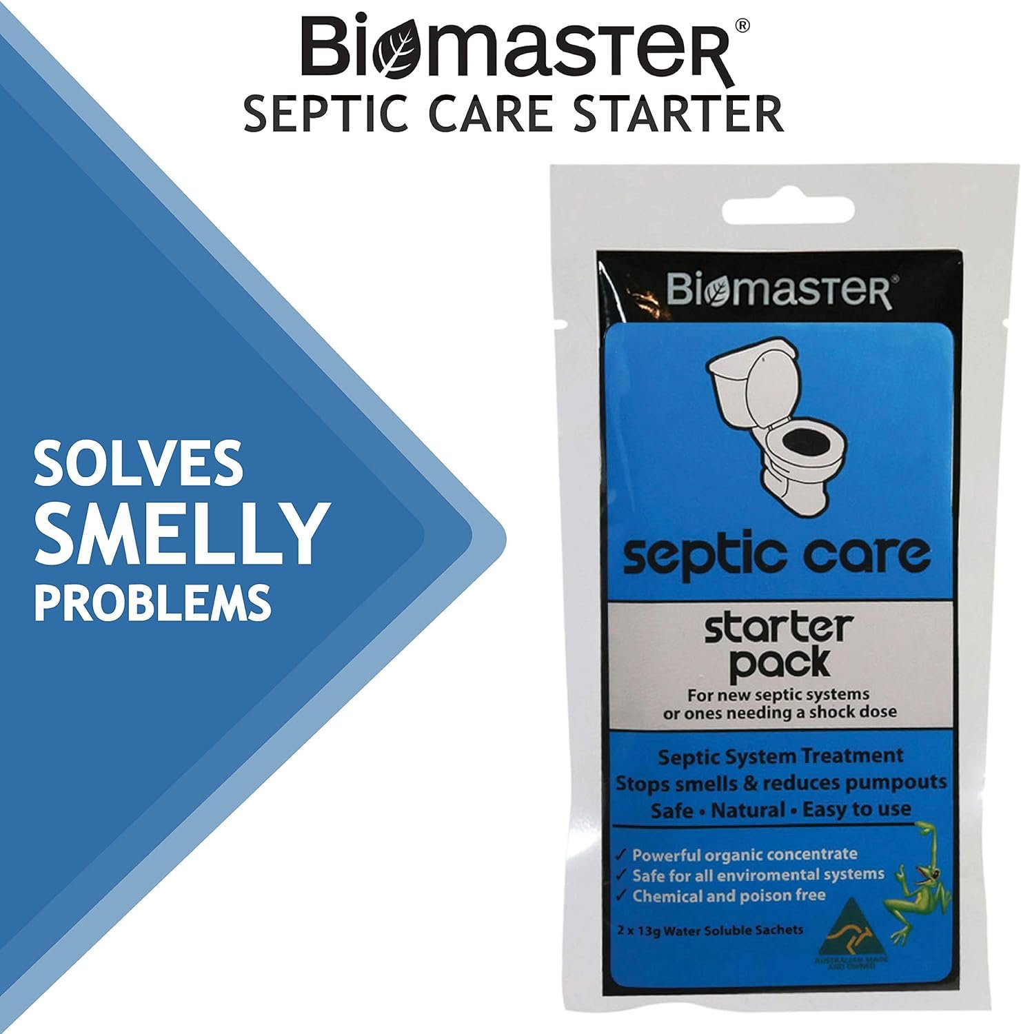 Septic Care Starter Pack Septic Tank Treatment, Stops Odors, Clears Drain Fields (100% Natural Concentrate, 2 Water Soluble Sachets)