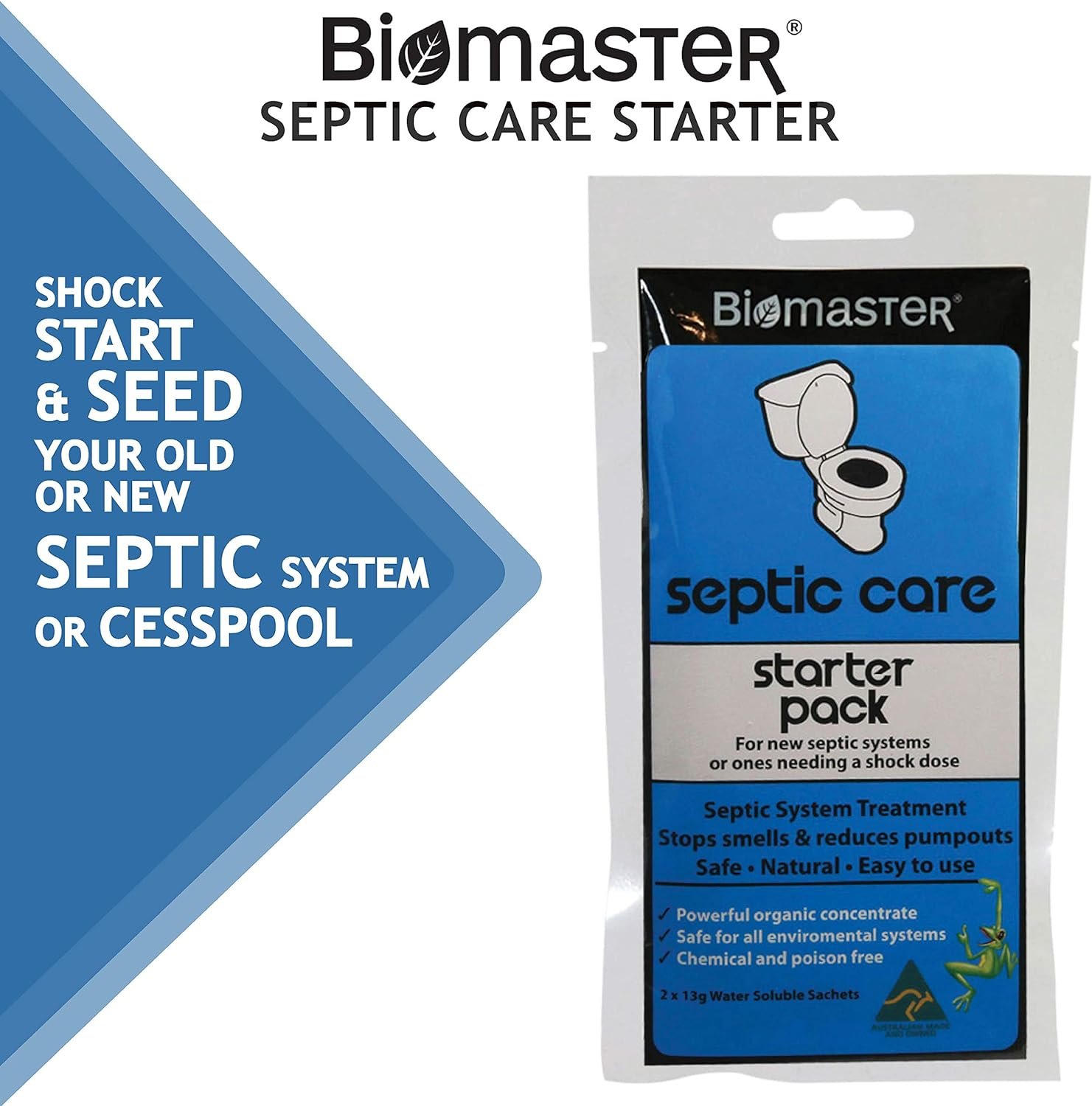 Septic Care Starter Pack Septic Tank Treatment, Stops Odors, Clears Drain Fields (100% Natural Concentrate, 2 Water Soluble Sachets)