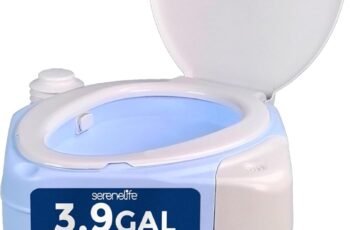 SereneLife 4 Gal Portable Camping Toilet For Adults, 100+ Flushes, Porta Potty Camp Toilet with Phone Holder, Hand Sprayer, Plastic Funnel for Camping, Hiking, and Boating