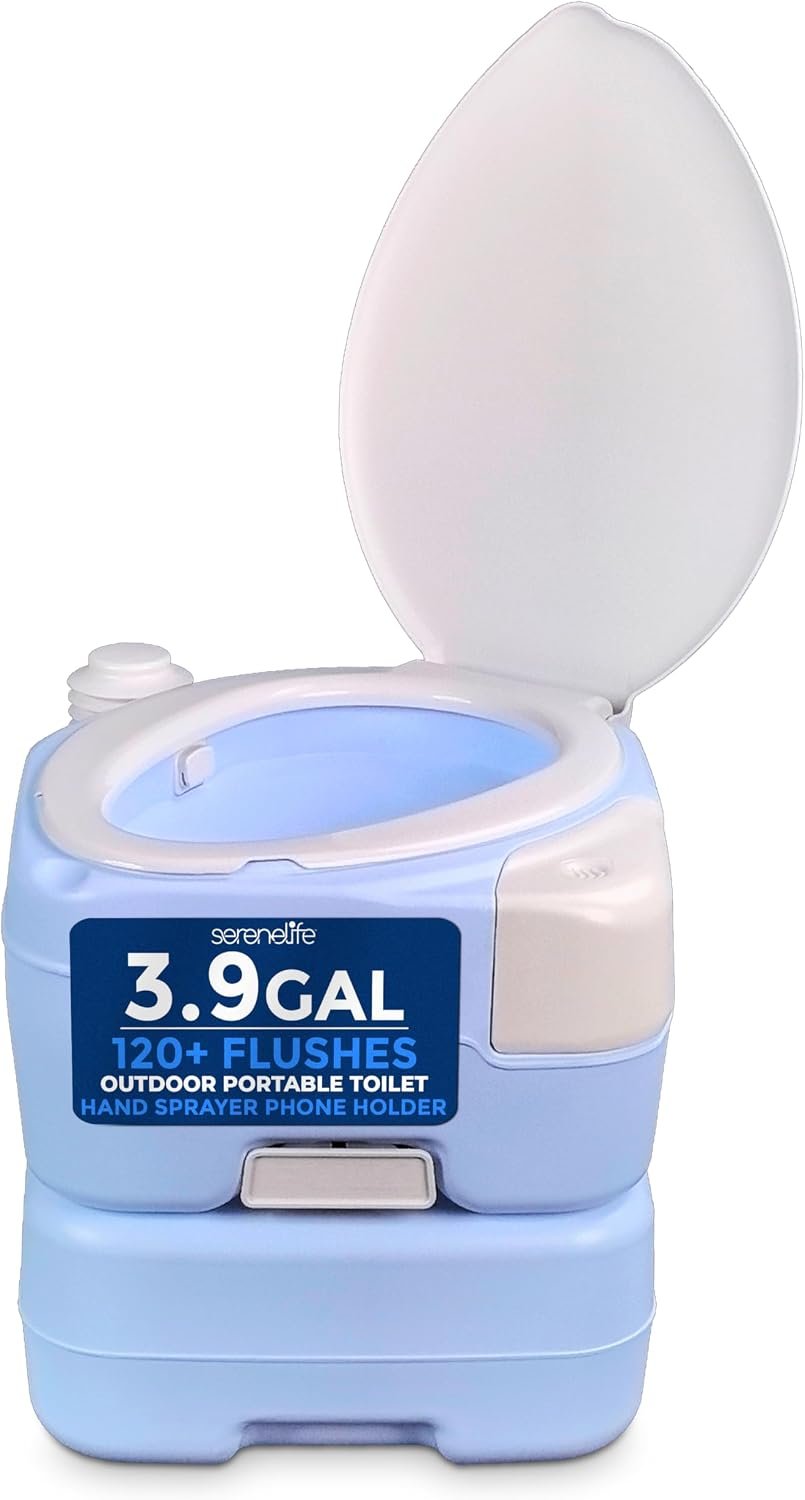 SereneLife Gal Portable Camping Toilet For Adults, 100+ Flushes, Porta Potty Camp Toilet with Phone Holder, Hand Sprayer, Plastic Funnel for Camping, Hiking, and Boating