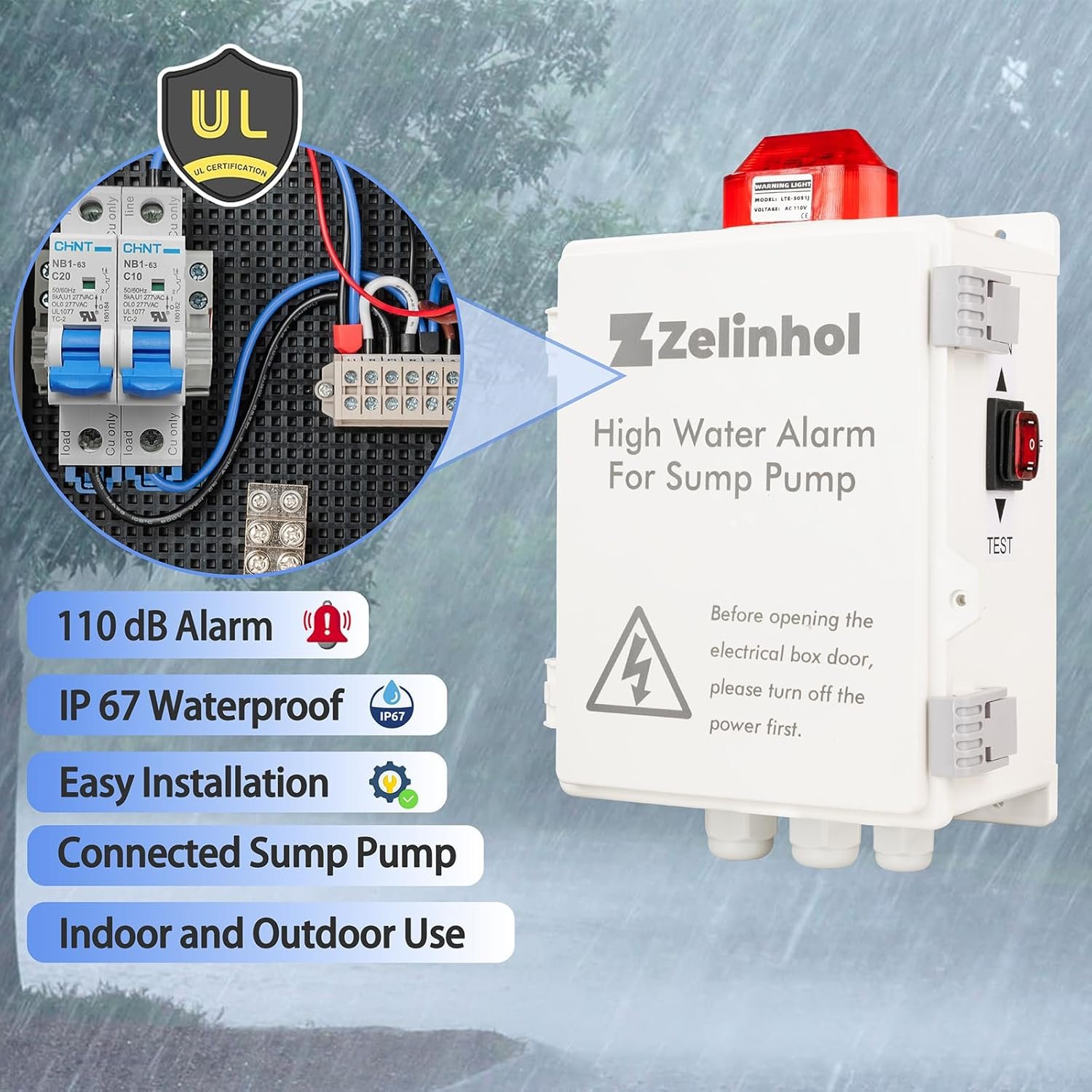 Sump Control Panel, Zelinhol High Septic Tank Featuring 110DB Level, Indoor/Outdoor Light for Sump, Septic, Pond and Tank