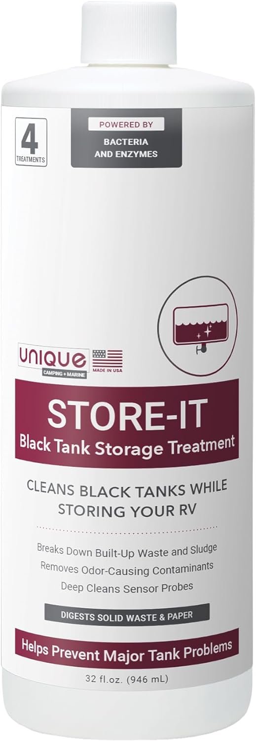Unique Store-It RV Black Tank Cleaner Liquid, Cleans RV Black Tanks While in Short or Long Term Storage, Deodorizer for Campers Cleans Black Holding Tanks, Digests Waste, Eliminates Odors (32 oz.)