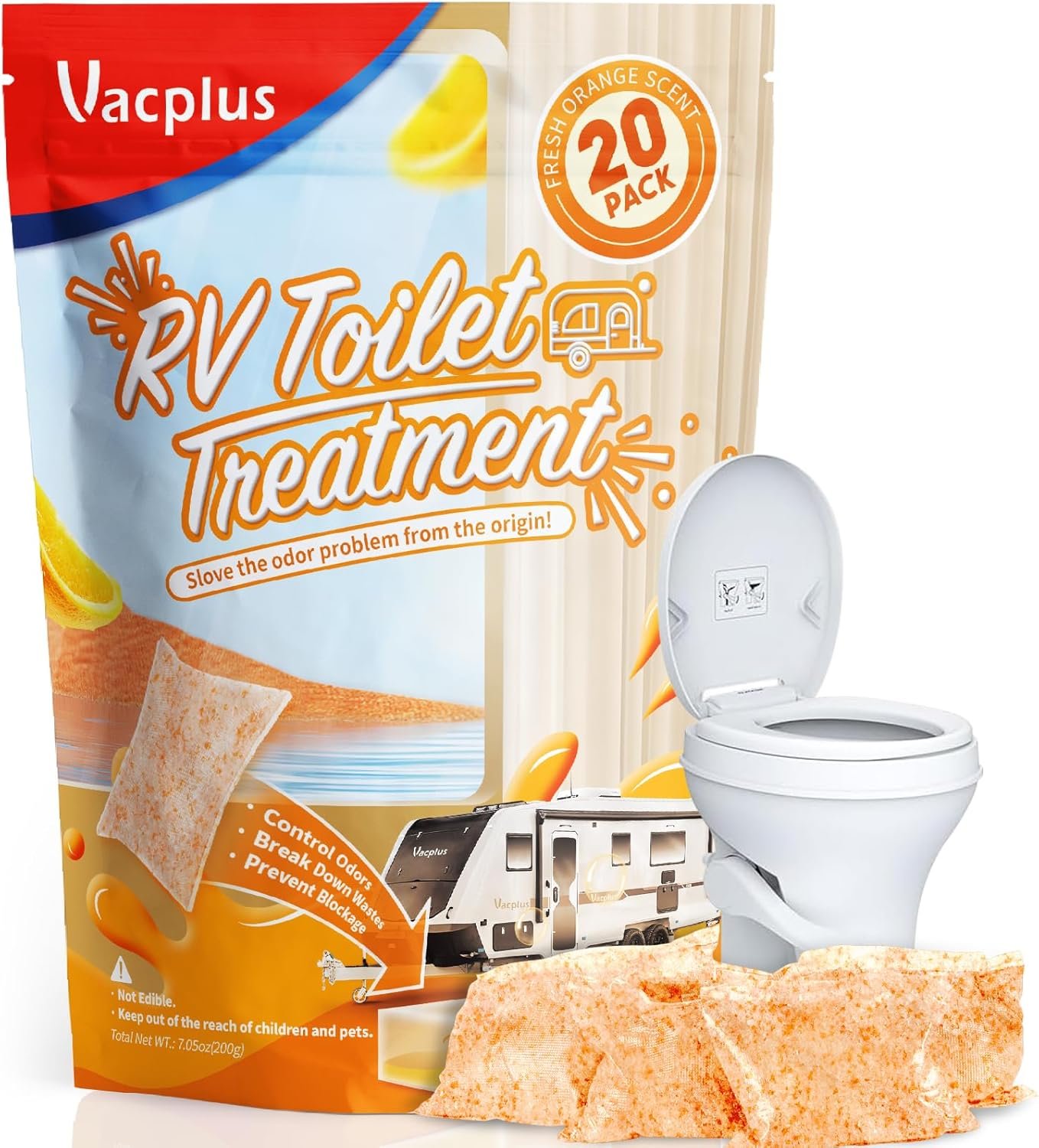 Vacplus RV Toilet Treatment - 20 Pack, RV Black Tank Treatment, RV Septic Tank Treatment, Easy-to-Use RV Holding Tank Treatment, Drop-In RV Toilet Pods, RV Tank Deodorizer, Essential RV Accessories