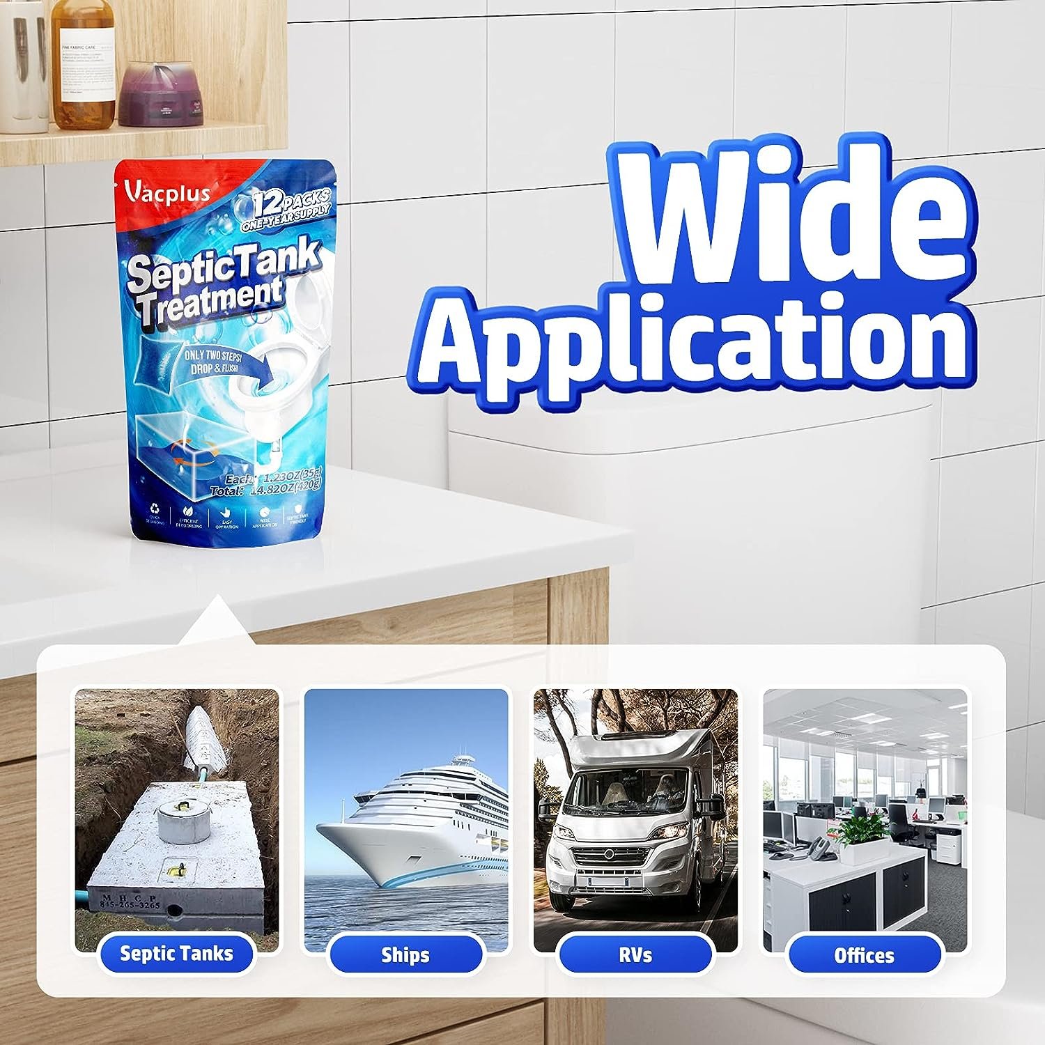 Vacplus Septic Tank Treatment 12 Pcs for 1-Year Supply, Dissolvable Septic Tank Treatment Packs with Easy Operation, Durable Biodegradable Septic Tank Treatment Enzymes for Wastes, Greases  Odors