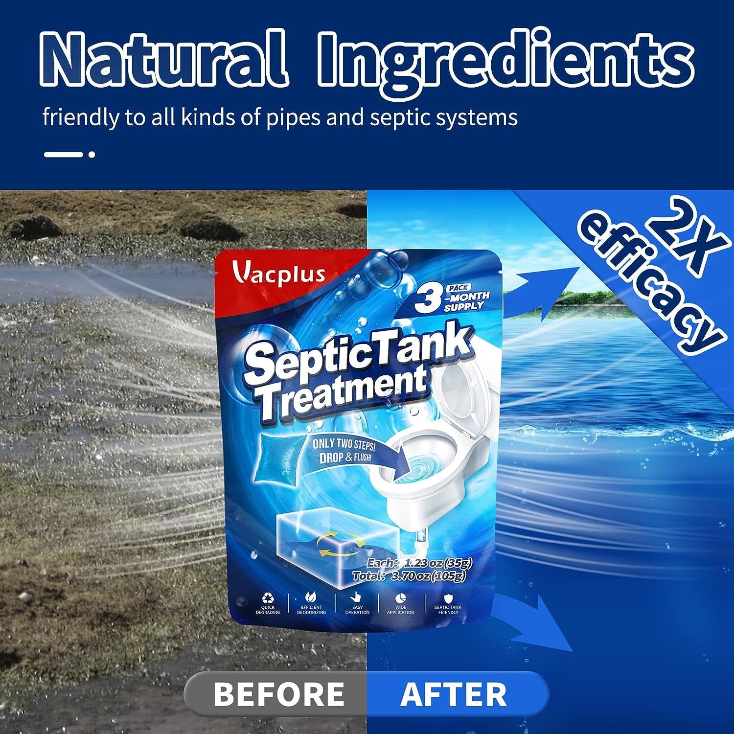 Vacplus Septic Tank Treatment - 3 Pcs Dissolvable Septic Tank Treatment Packets with Easy Operation, Durable Biodegradable Septic Tank Treatment Enzymes for Wastes, Greases  Odors