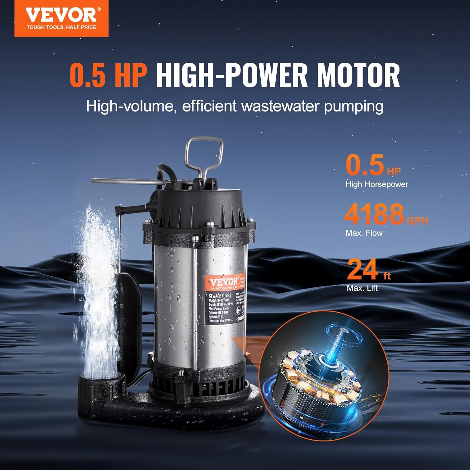 VEVOR 3/4 HP Submersible Sewage Pump, 5880 GPH Larger-Flow, Cast Iron Submersible Sump Pump, Wear-proof Cast Iron Construction, with Tethered Float Switch, 10 FT Power Cord