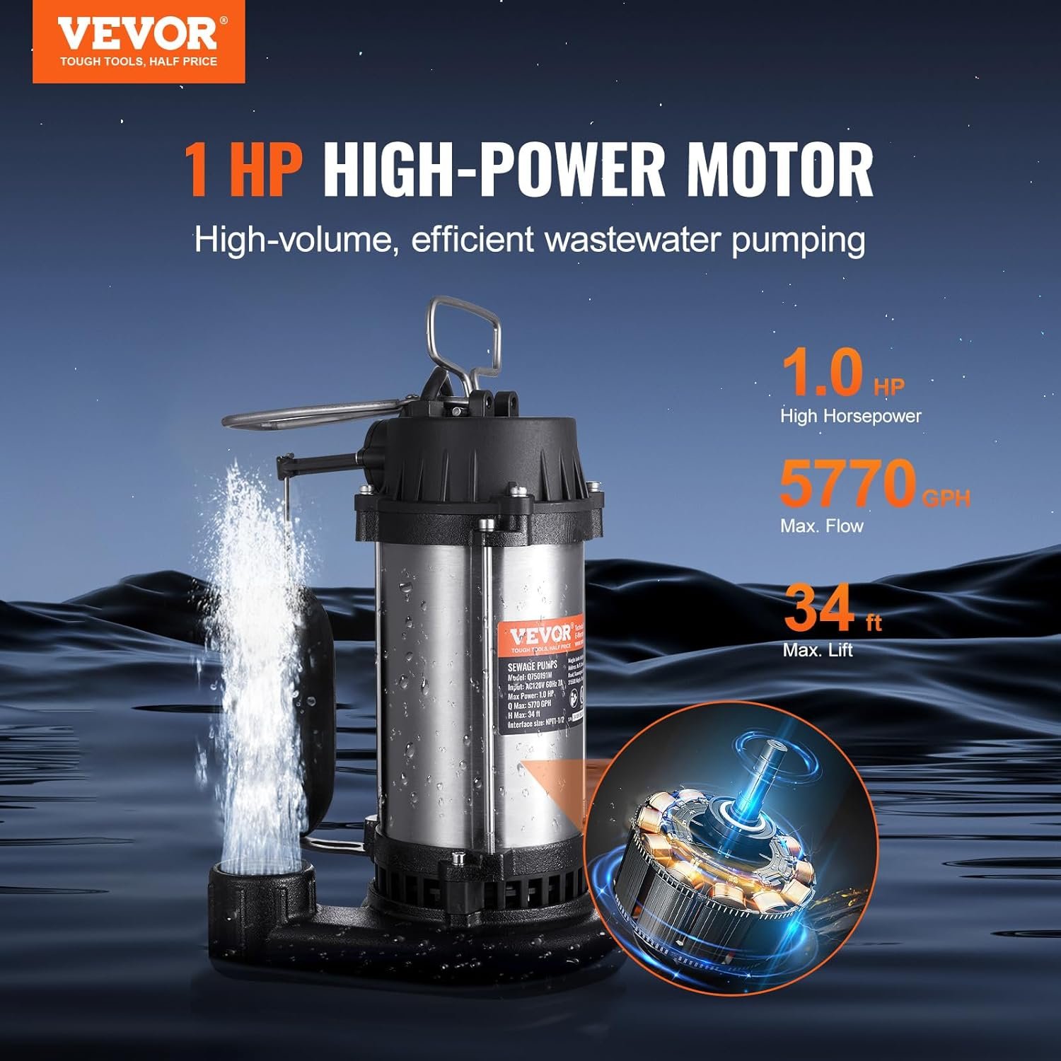 VEVOR 3/4 HP Submersible Sewage Pump, 5880 GPH Larger-Flow, Cast Iron Submersible Sump Pump, Wear-proof Cast Iron Construction, with Tethered Float Switch, 10 FT Power Cord
