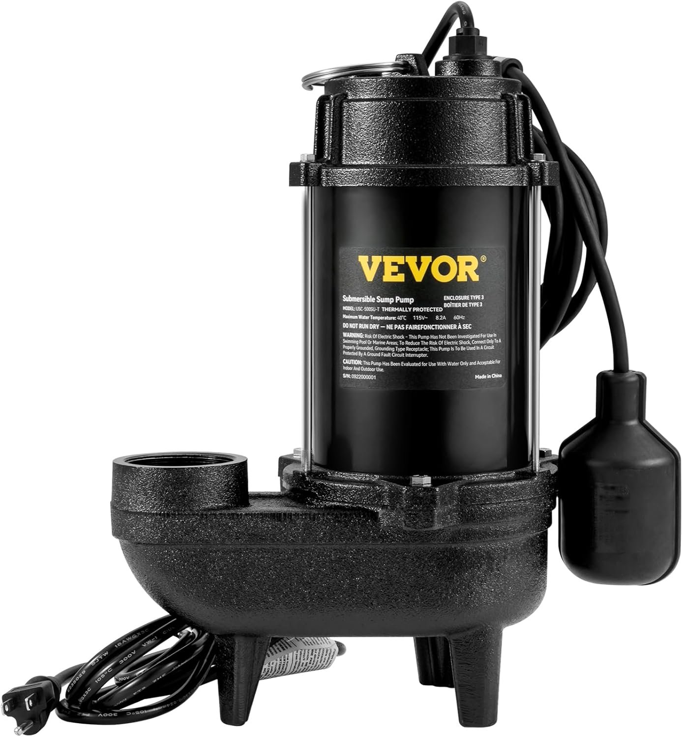 VEVOR 3/4 HP Submersible Sewage Pump, 5880 GPH Larger-Flow, Cast Iron Submersible Sump Pump, Wear-proof Cast Iron Construction, with Tethered Float Switch, 10 FT Power Cord