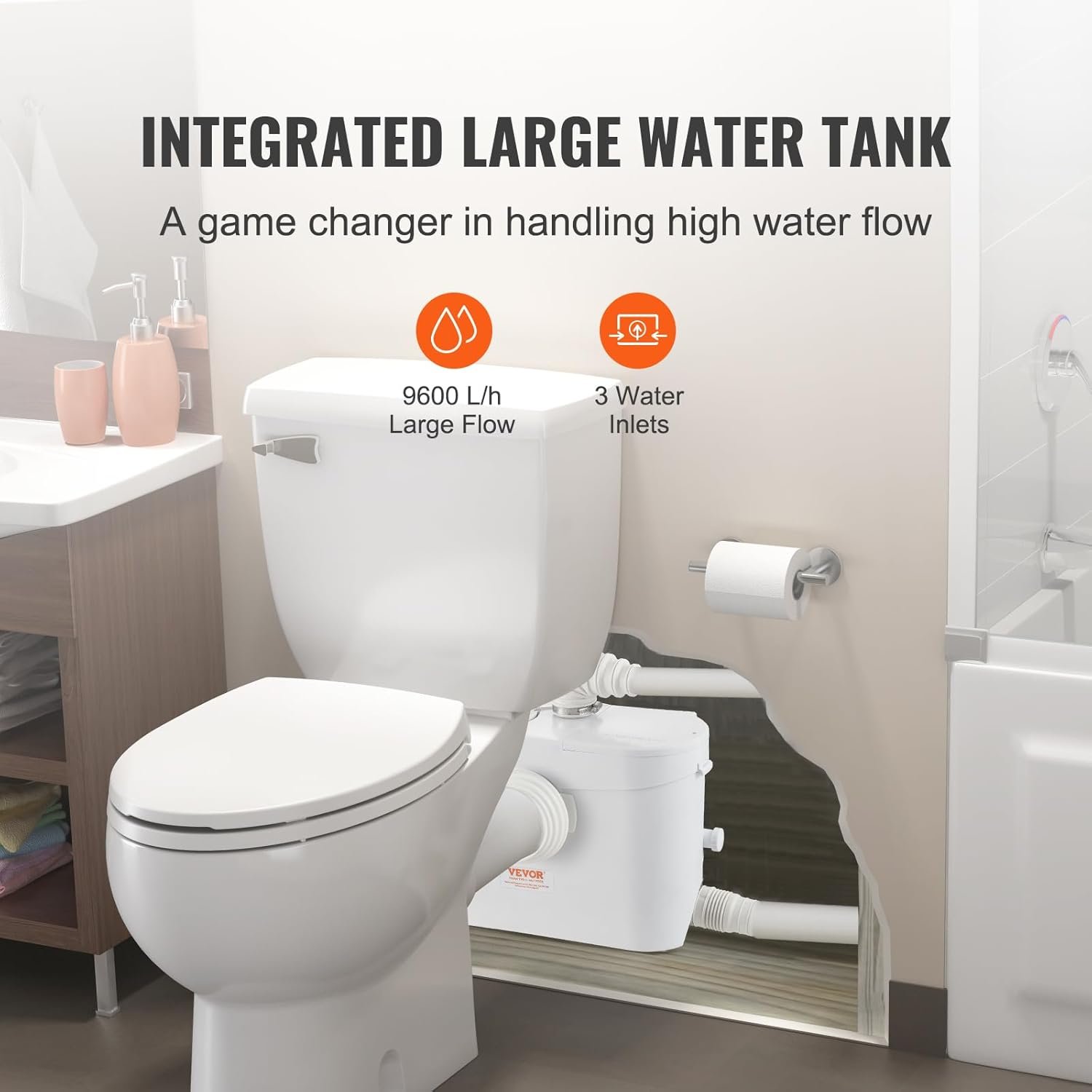 VEVOR 700W Macerator Pump, 9600 L/h Flow, 32.8 ft/10 m Head, Macerator Sewerage Sump Pump with 3 Water Inlets for Toilet, Basement, Kitchen, Sink, Shower, Bathtub Waste Water Disposal Upflush Machine