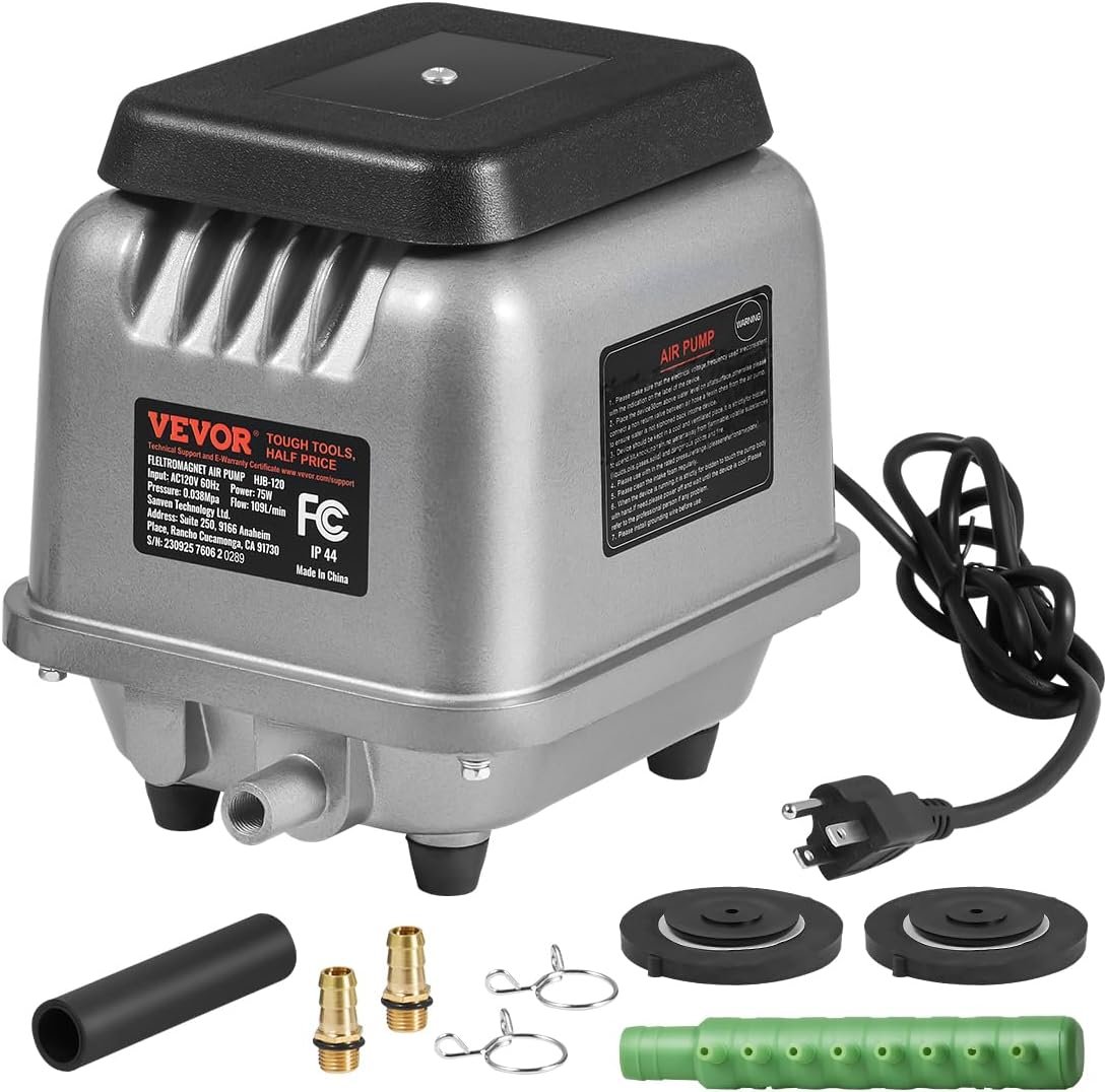 VEVOR Linear Air Pump, 109L/Min Air Flow Septic Aerator Pump, Oil-Free  Quiet Aeration System, for 1/2 Acre 10 FT Deep Ponds, Water Gardens, Waste Treatments, Aquarium, Seafood Restaurants, Fish Farm