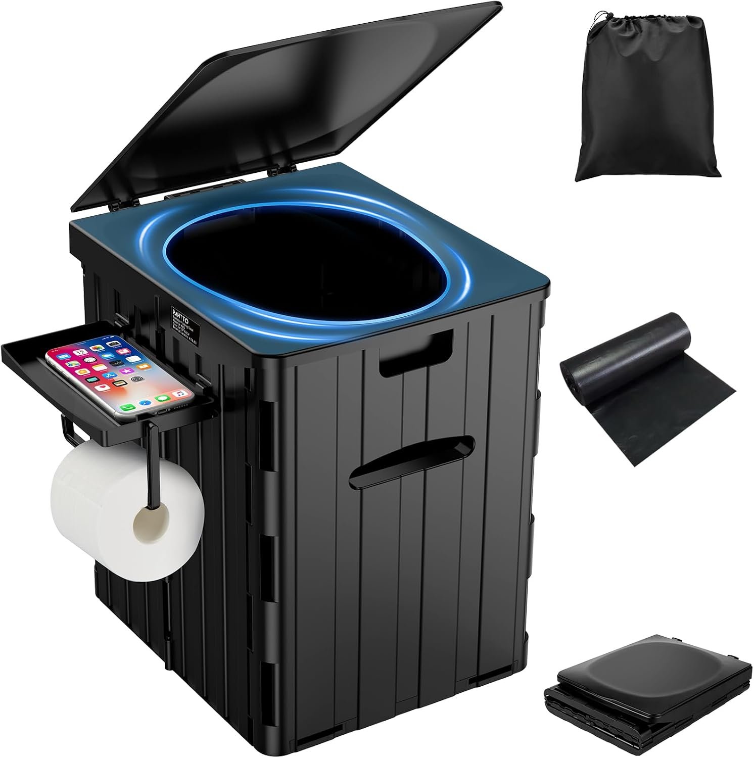 XL Portable Toilet for Adults, Extra Large 15.4H Foldable Camping with Detachable Phone Shelf and Paper Holder, Waterproof Porta Potty Lid Camping, Hiking, Long Road Trips, Car